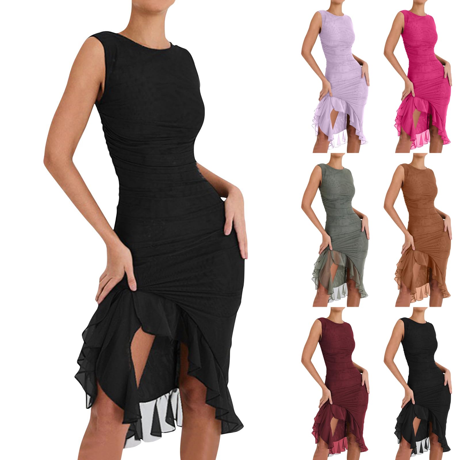 Sexy Bodycon Dresses for Women - Sleeveless Ruched Mesh Midi Dress with Ruffle Hem | Summer Cocktail Party & Night Out Outfit | Formal Evening Wear & Club Dress