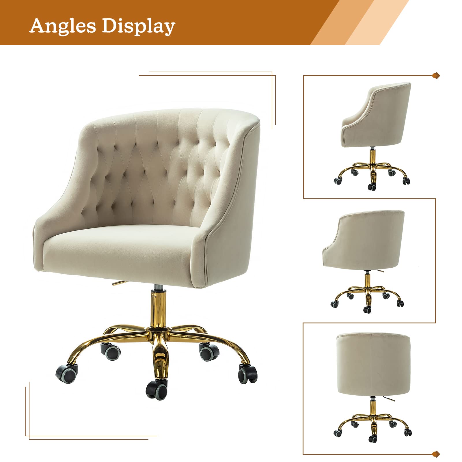 Luxury Velvet Home Office Chair with Gold Base - Modern Adjustable Swivel Task Chair for Living Room, Bedroom & Study - Soft Comfortable Desk Chair for Working, Gaming & Vanity (Tan)
