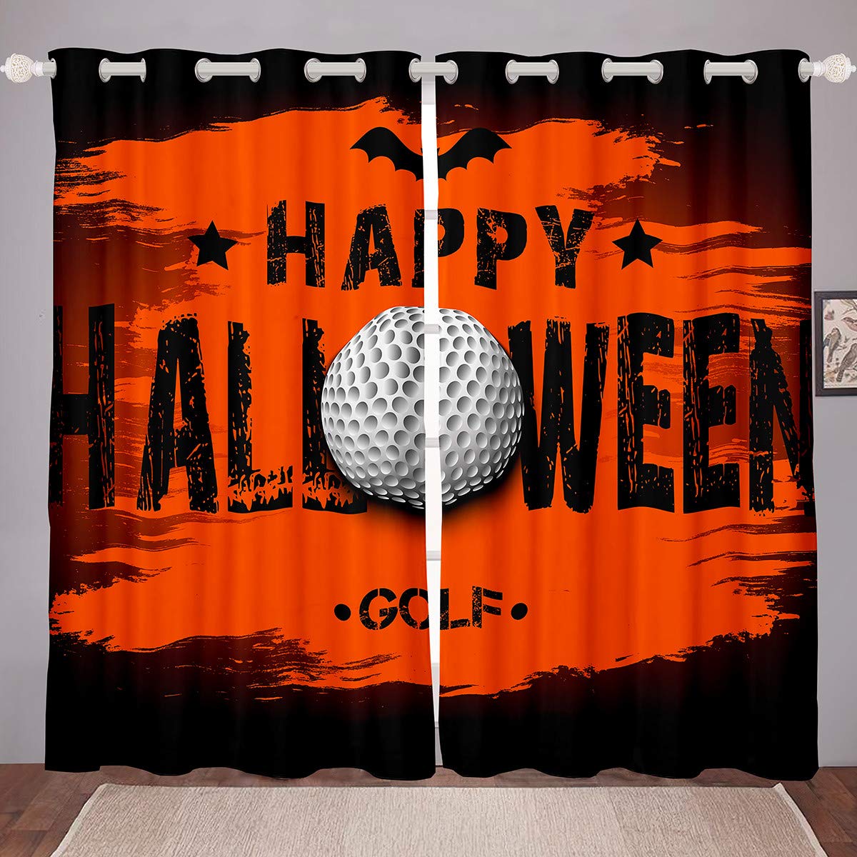 Manfei Halloween Ghost Festival Window Curtains - 2 Panel Set, 104W x 63L Inch, White Golf Ball Design, Microfiber Fabric with Steel Grommet Top - Perfect for Bedroom, Kids Room & Halloween Party Decorations