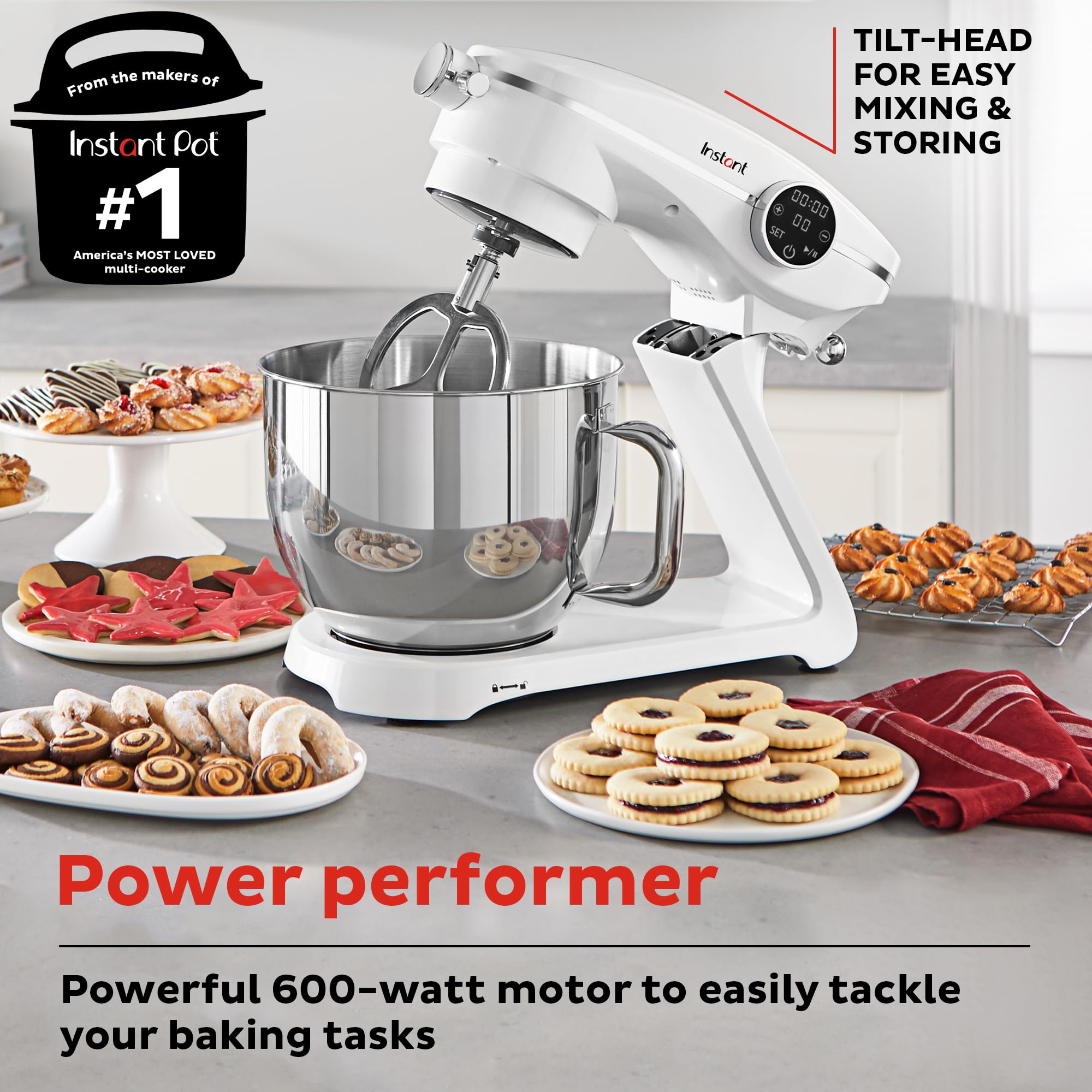 Instant Pot Instant Stand Mixer Pro - 600W 10-Speed Electric Mixer with Digital Display, 7.4-Qt Stainless Steel Bowl, Dishwasher Safe Attachments (Whisk, Dough Hook & Mixing Paddle) - Pearl White | Perfect for Baking Cakes, Cookies, Bread & More in Home Kitchen