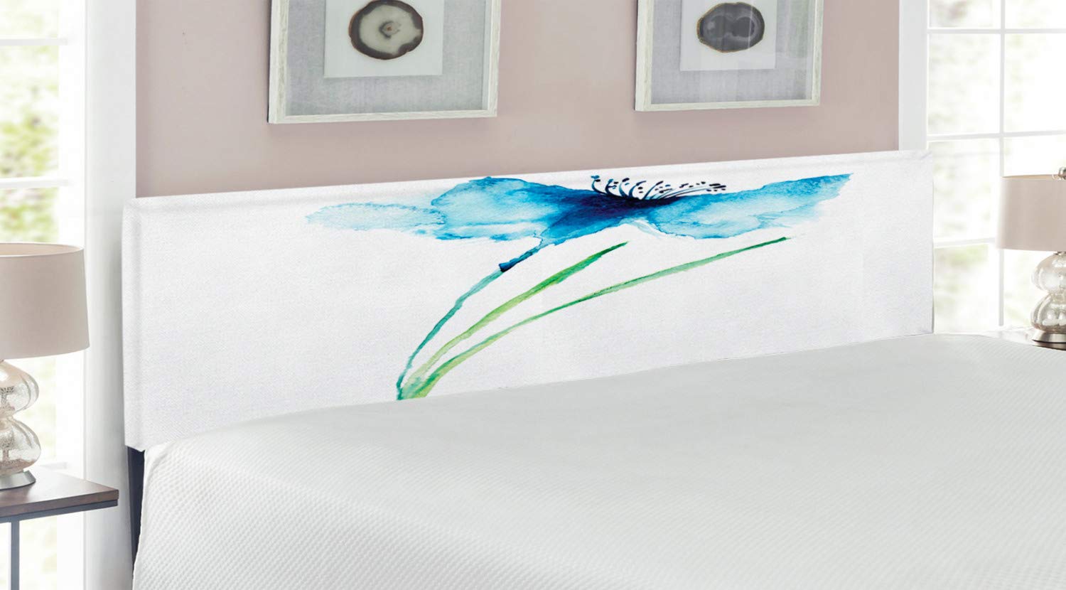 Ambesonne King Size Upholstered Metal Headboard with Memory Foam - Watercolor Cornflower Floral Print in Navy Blue, White & Green | Perfect for Bedroom Decor, Master Suite & Guest Room Styling