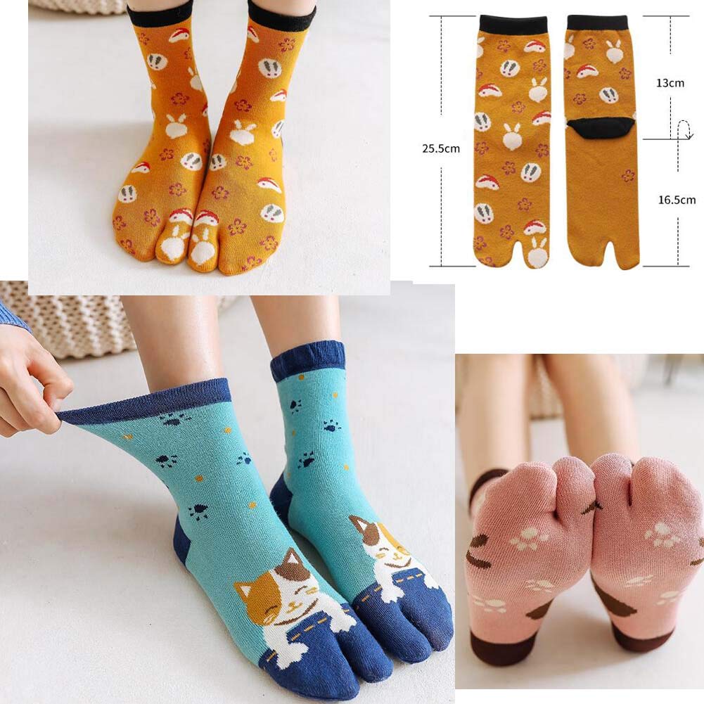 5 Pairs Japanese Cartoon Cat Flip Flop Socks - Cotton Geta Slipper Socks for Women & Men - Cute Anime Style Casual Socks for Home, Lounge, and Cosplay
