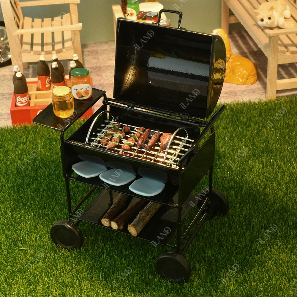 1:12 Scale iLAND Modern Dollhouse Furniture Set - 6pcs Miniature Patio Tables, Garden Chairs, BBQ Grill & Bike Accessories for Doll House Decor | Perfect for Dollhouse Scenes, Miniature Displays & Collectors