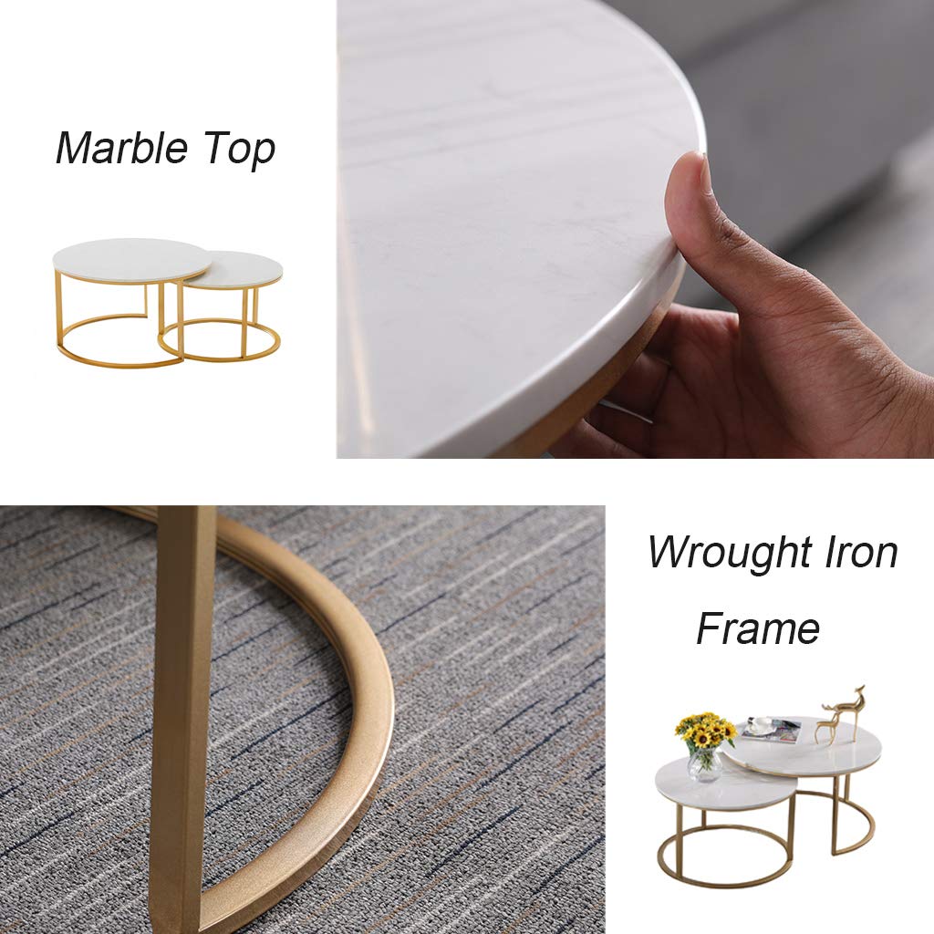 Modern Round Coffee Table Set - Marble Top Stacking Nesting Tables with Wrought Iron Frame - 3 Size Options for Living Room, Bedroom & Office Decor - Side/End Tables for Small Spaces & Home Styling