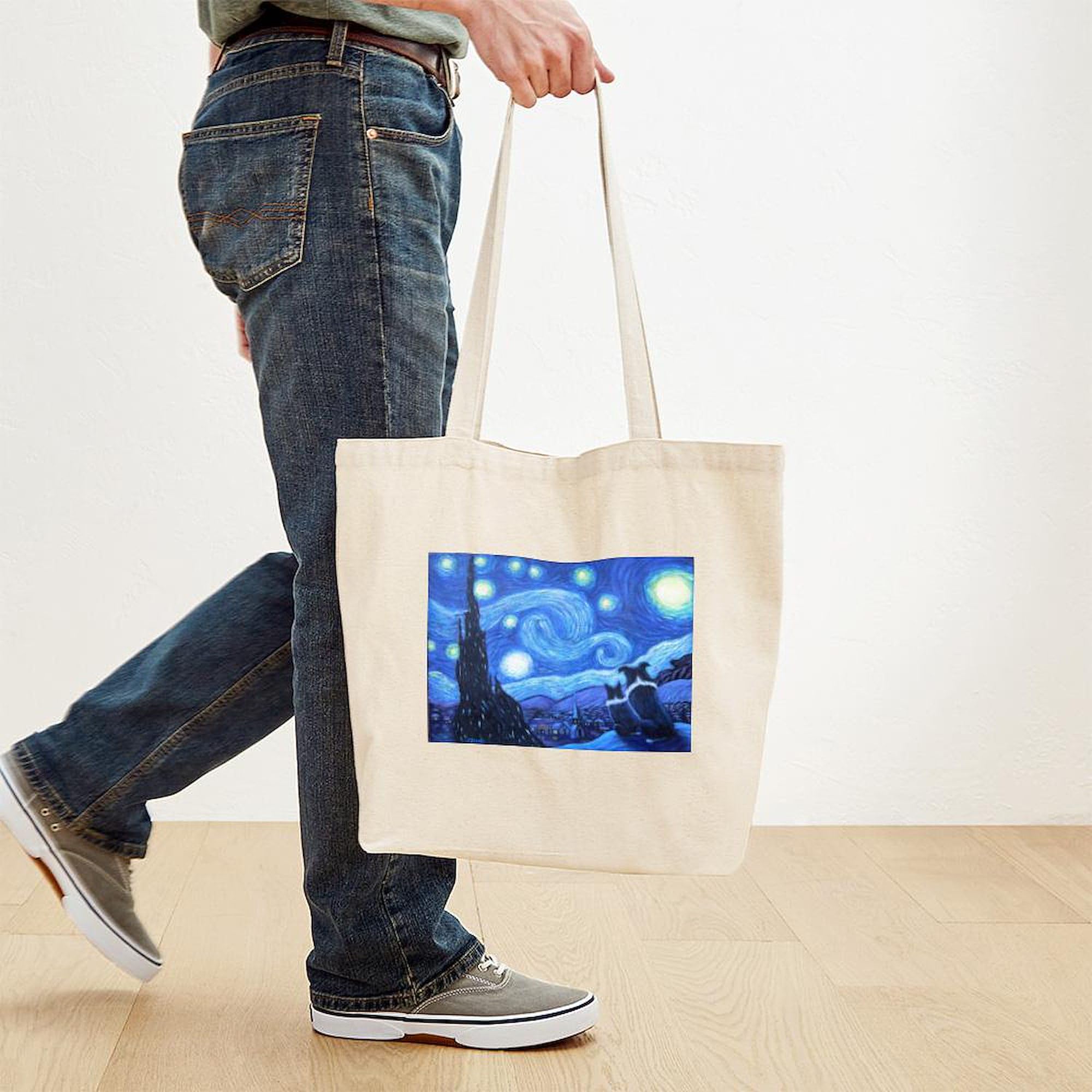 Starry Night Border Collies Canvas Tote Bag - Eco-Friendly Reusable Shopping Bag for Groceries, Beach & Daily Use | Van Gogh Inspired Dog Lover Gift