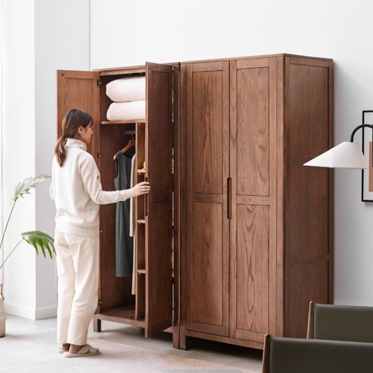 Solid Oak Wood Wardrobe in Walnut Finish - Stylish and Durable Closet Storage for Bedroom, Living Room, or Walk-in Closet