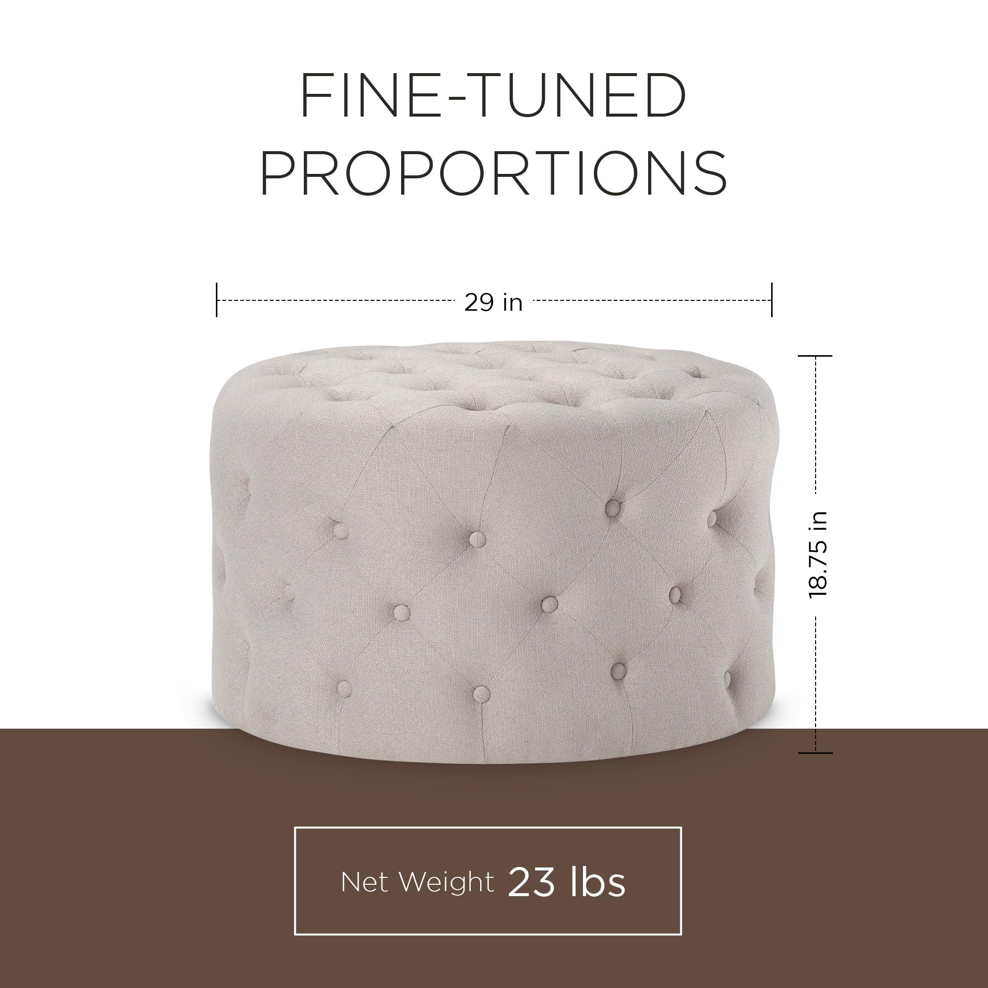 Maven Lane Marcy Traditional Large Round Ottoman with Cushioned Seat - Rustic Dove Fabric Upholstery Footrest for Living Room, Bedroom, Dorm | Perfect for Extra Seating, Footrest, or Coffee Table Alternative