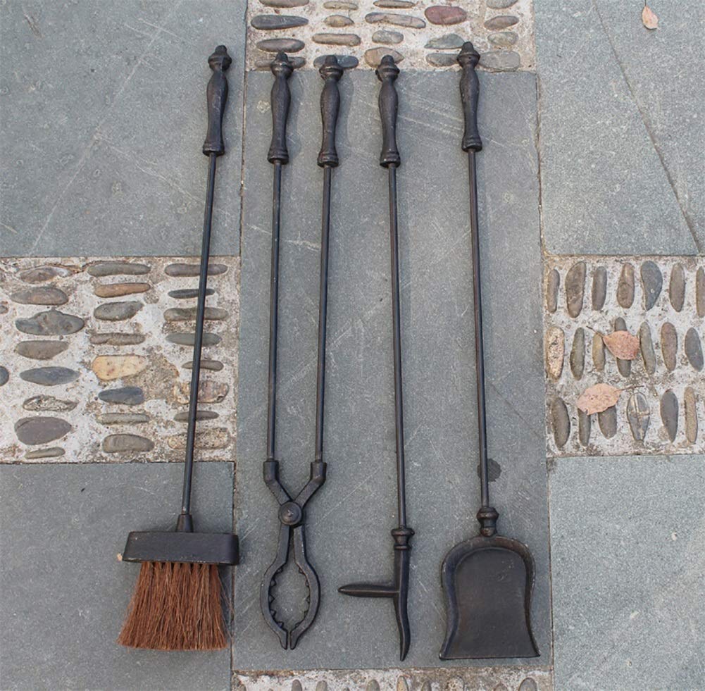 5-Piece Wrought Iron Fireplace Tool Set - 32 Inch Fire Pit Poker, Wood Stove Pliers & Holder for Indoor/Outdoor Fireplaces, Camping & Patio Use