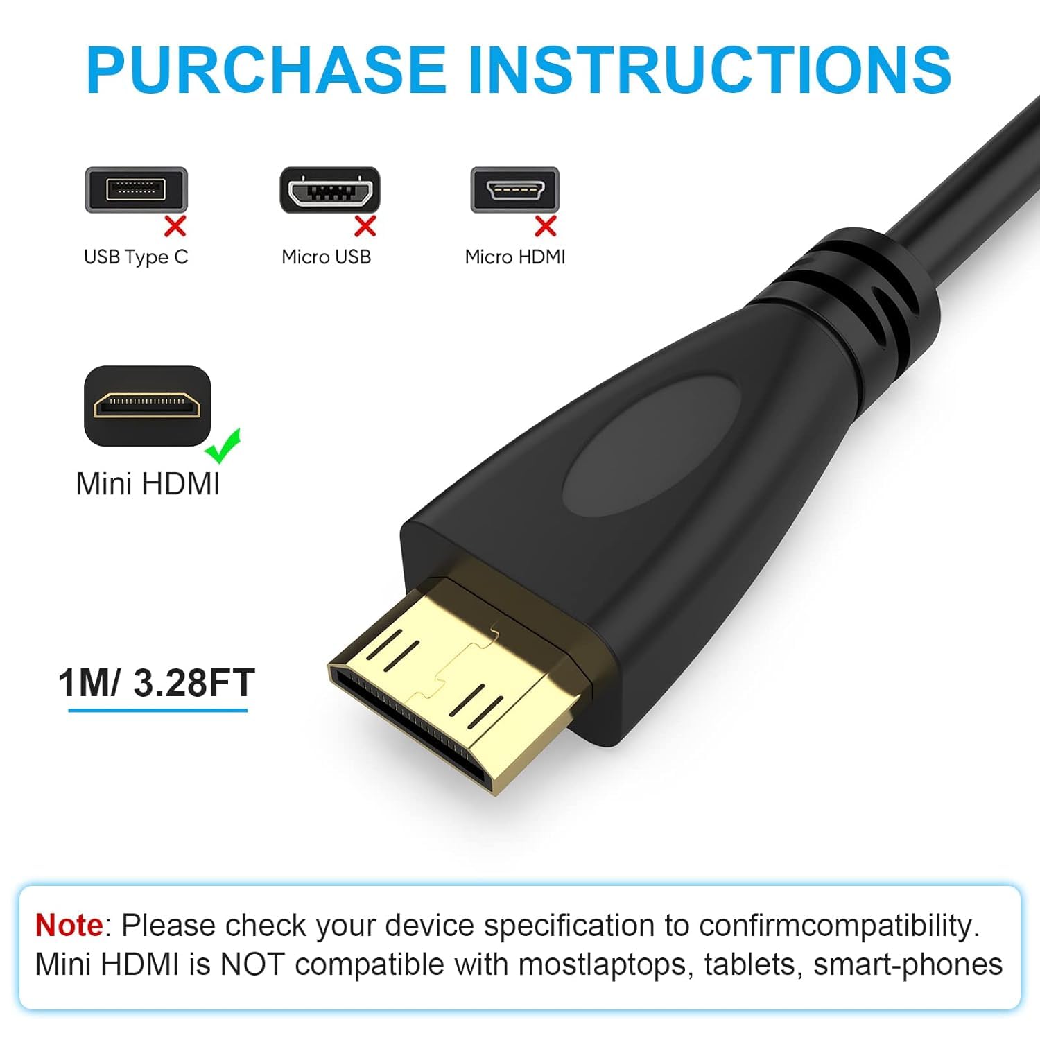 XIKKART Mini HDMI to HDMI Cable 1.5m - High Speed 4K HDMI Cable Male to Male for Monitor, TV, Laptop, Projector, DSLR Camera - Perfect for Home Theater, Gaming & Office Presentations