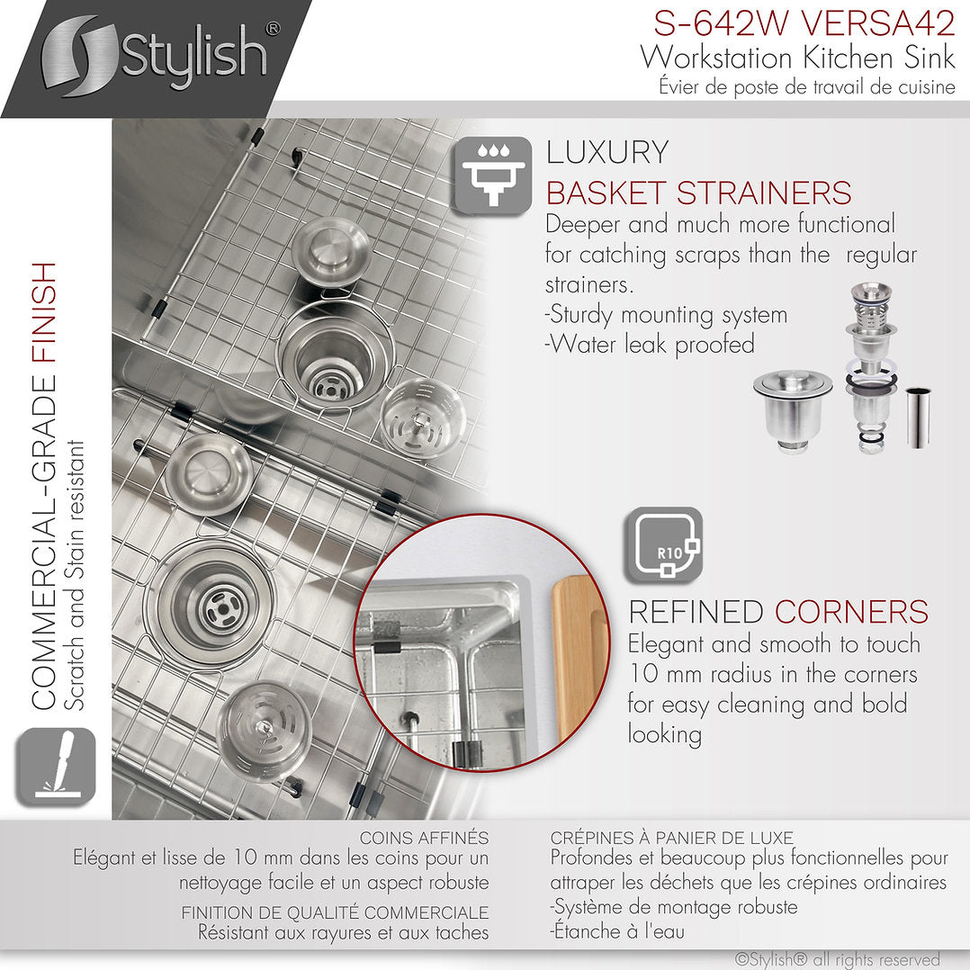 42 Inch Stainless Steel Undermount Double Bowl Kitchen Sink - Stylish S 642W 70/30 Workstation with Accessories | Perfect for Modern Kitchens, Restaurant Prep & Commercial Use
