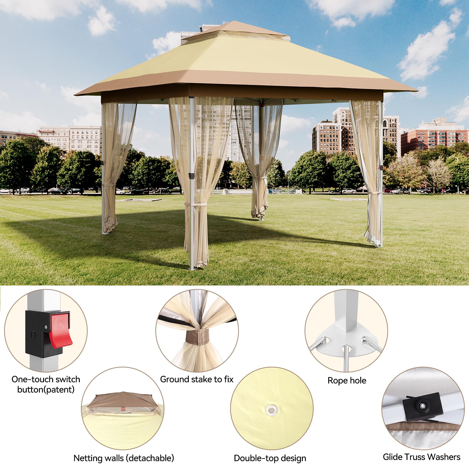 Garvee 12'x12' Outdoor Gazebo Canopy Tent with Curtains & Mosquito Net - 144 Sq Ft Patio Shelter with 2-Tier Vented Top for Backyard, Garden, and Outdoor Parties (Beige) - Perfect for BBQs, Picnics, and Summer Gatherings