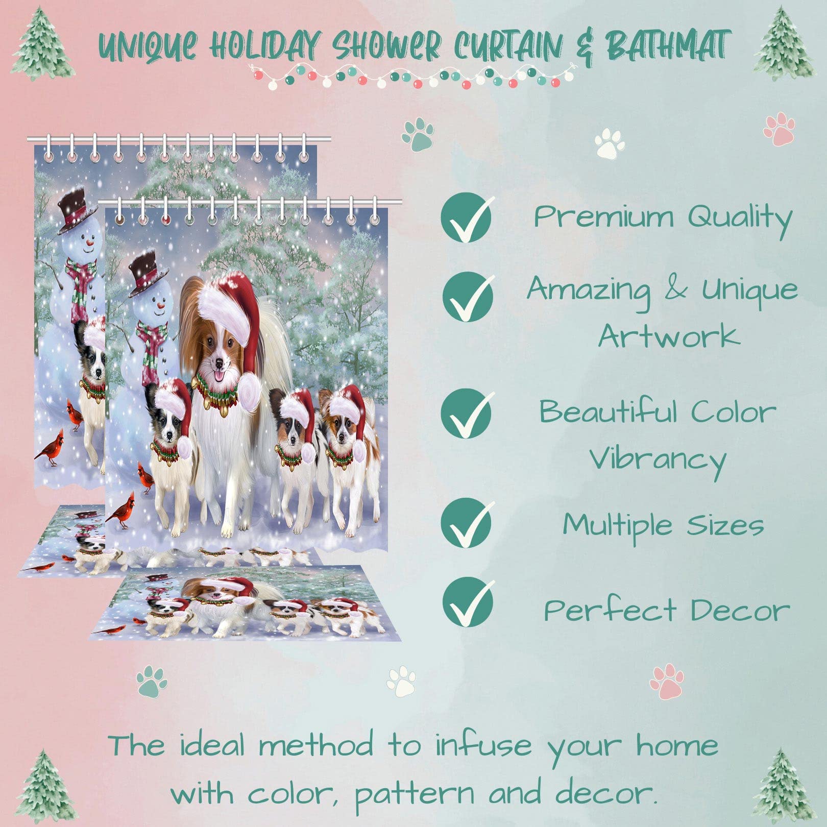 Christmas Themed Running Family Papillon Dogs Shower Curtain & Bath Mat Set - Plush Polyester Bathroom Decor with Hooks (Mat 16x28 inches, Curtain 69x70 inches) - Perfect for Holiday Bathroom Decorations and Dog Lover Gifts