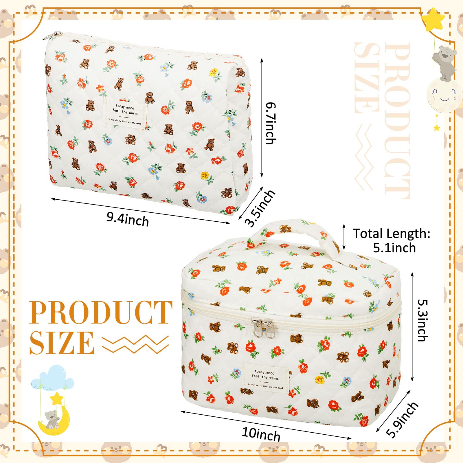Zeyune 2 Pack Large Cotton Quilted Makeup Bags for Women - Aesthetic Floral Cosmetic Travel Organizer with Bear Design - Perfect for Skincare, Toiletries & Travel Essentials | Cute Coquette Style Gift Idea
