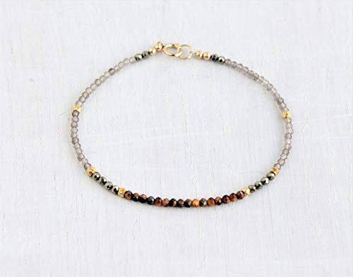 Precious-GEMS Gold Filled Smoky Quartz & Tiger Eye Bracelet with Pyrite Beads - Healing Crystal Jewelry for Women, Beaded Gemstone Bracelet - Perfect Gift for Mom, Birthday, Meditation & Spiritual Healing