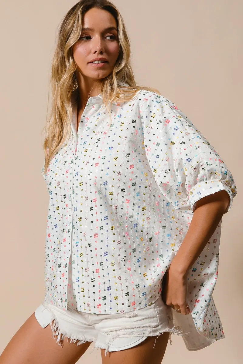 BiBi Sequin Striped Short Dolman Sleeve Blouse for Women | Trendy Party & Evening Wear | Elegant Casual Top for Club, Date Night & Special Occasions