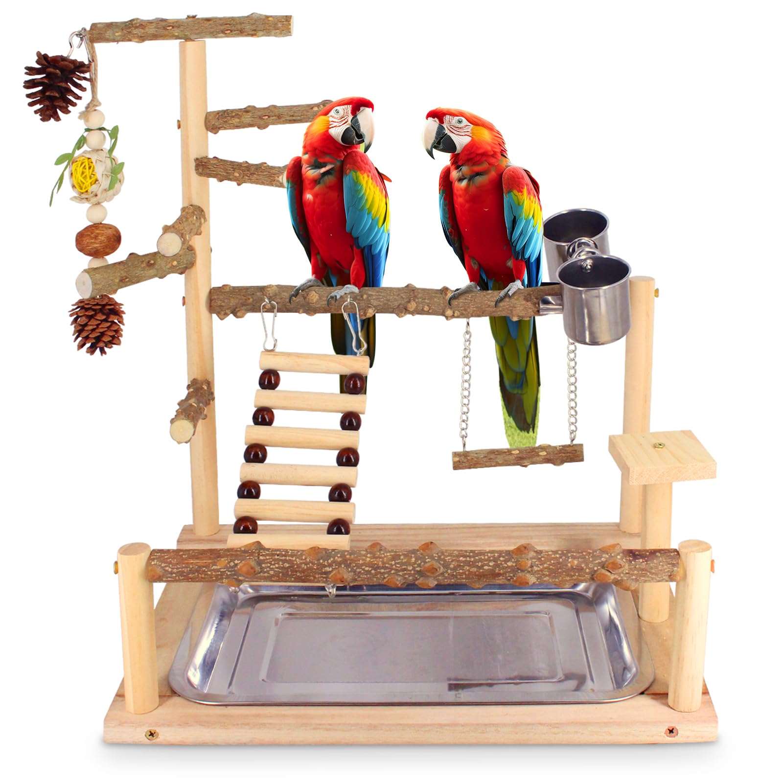 Natural Parrot Playground with Chew Toys, Perch Stand & Swing - Bird Cage Play Stand for Conure, Cockatiel, Parakeet | Includes Feeder Cups - Perfect for Bird Exercise & Entertainment at Home