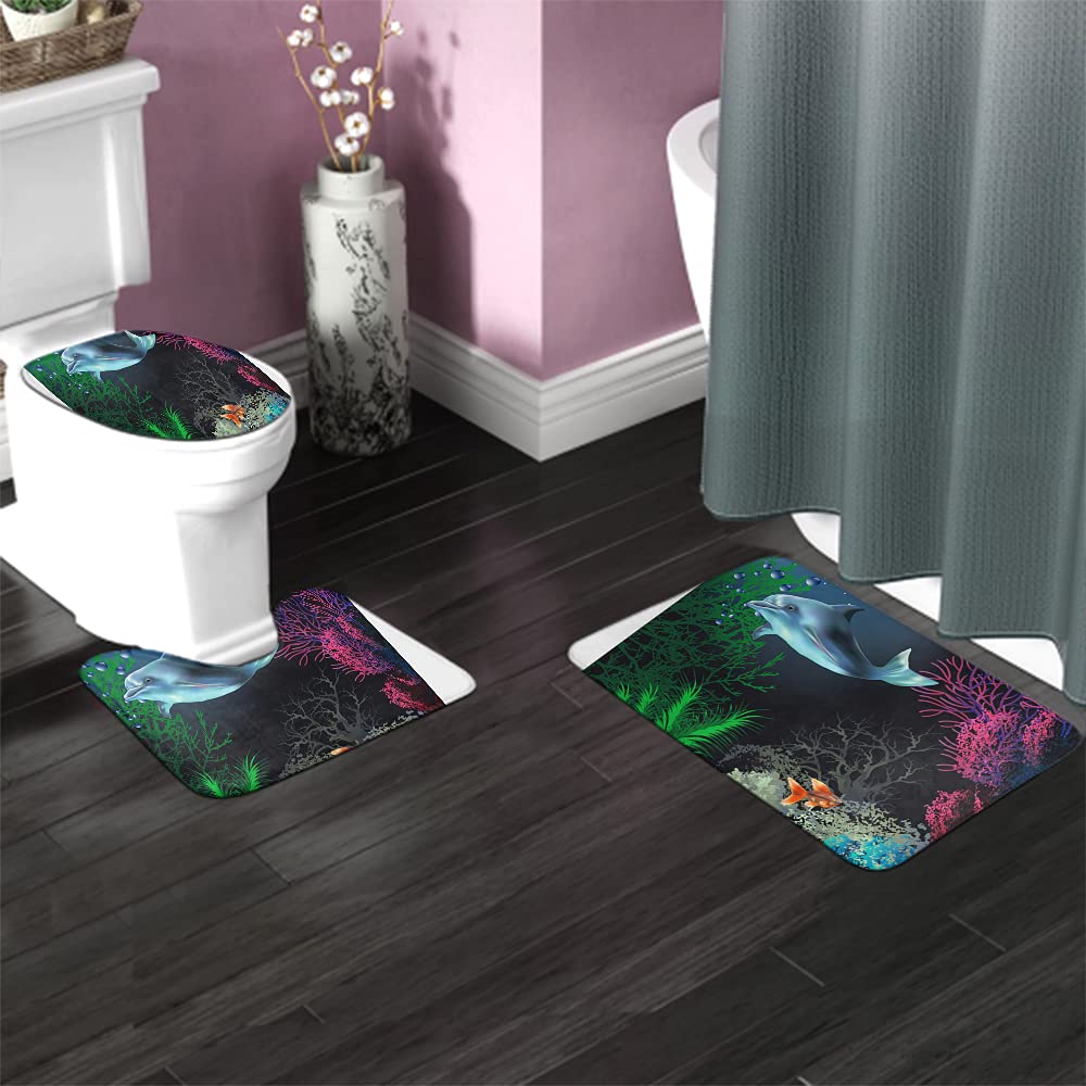 WONDERTIFY Non-Slip Bathroom Rug Set - 3 Piece Ocean Theme (Bath Mat, Contour Mat & Toilet Lid Cover) with Dolphin, Coral & Fish Design | Waterproof, Soft & Safe for Kids & Adults | Perfect for Beach House, Coastal Decor or Nautical Bathroom