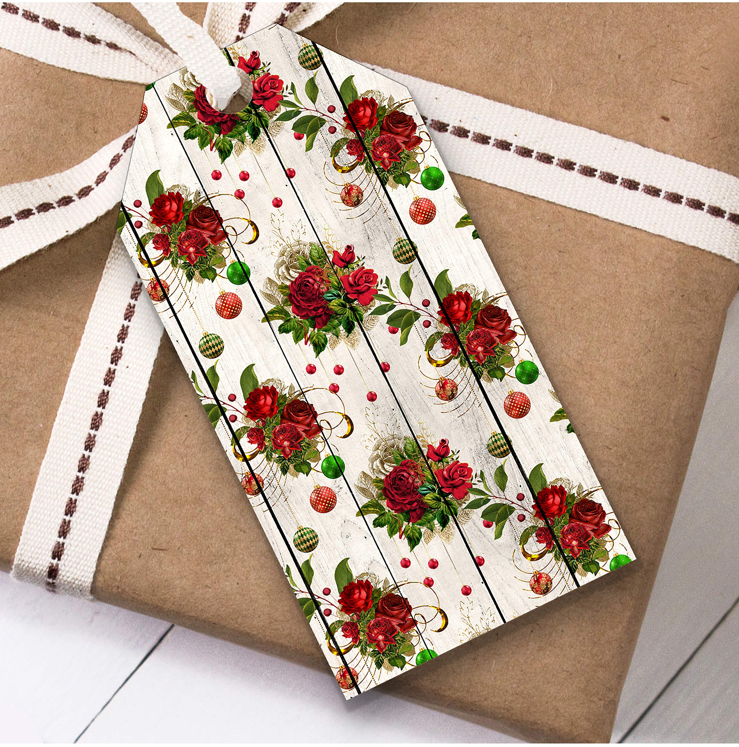 Gold Christmas Gift Tags - Light Wood Red Roses Baubles for Holiday Presents