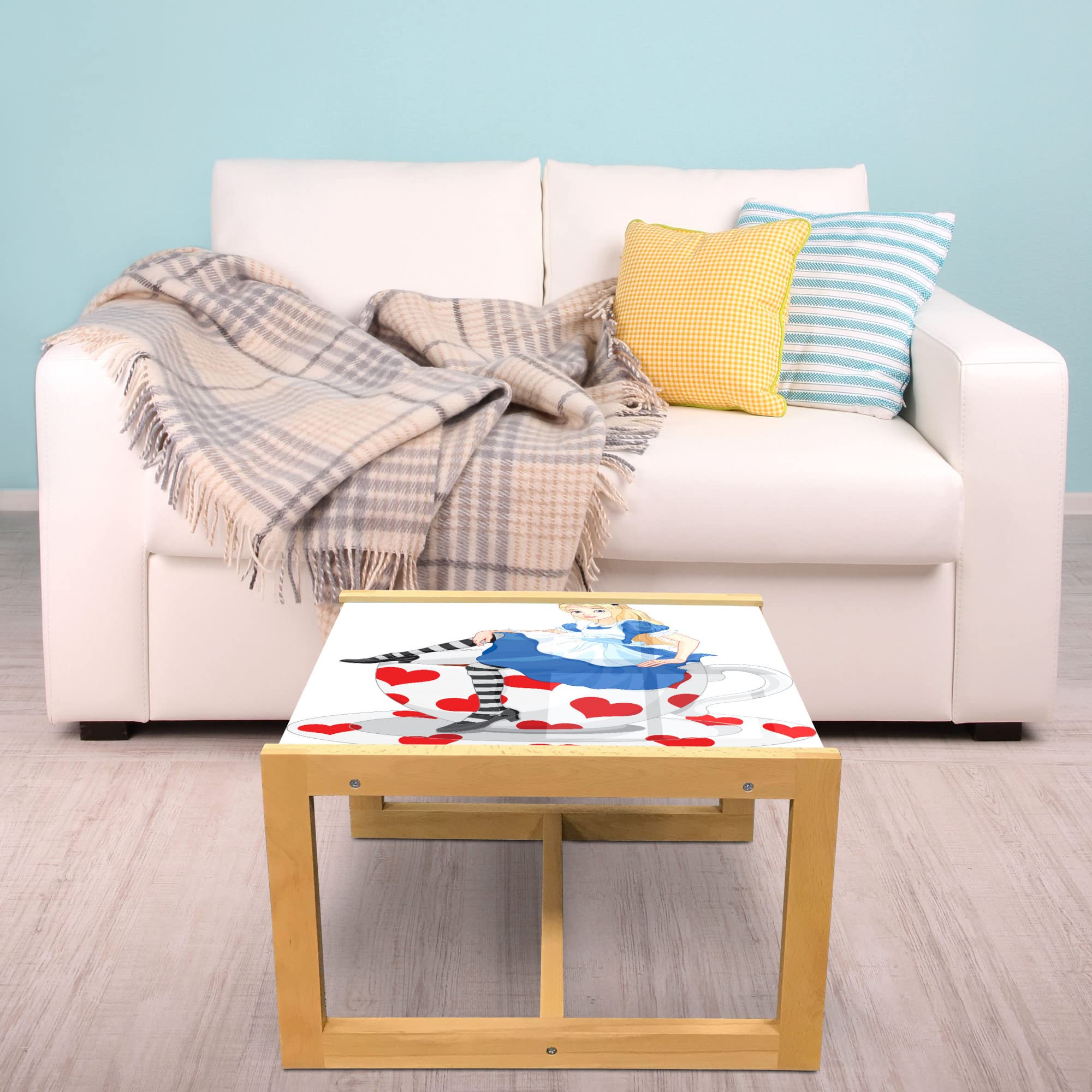 Ambesonne Alice in Wonderland Coffee Table - Fantasy Tale Design with Girl Sitting on Tea Cup Heart Shape, Acrylic Glass Top & Wooden Frame - Perfect for Living Rooms, Offices & Dorms - Medium Size in Blue Vermilion White