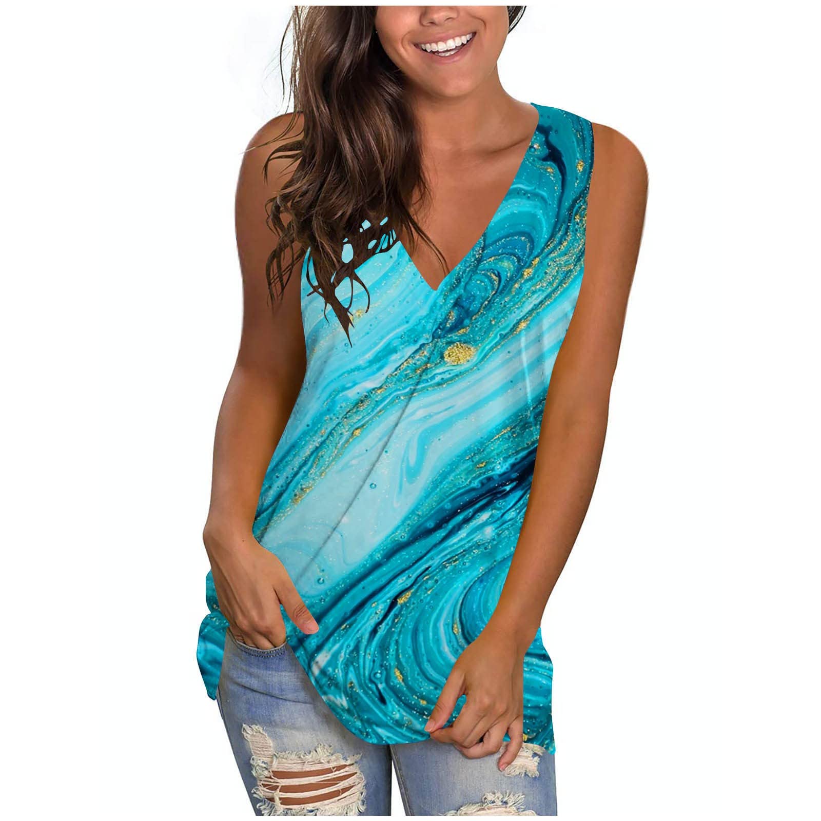 Trendy Women's Summer V-Neck Sleeveless Tunic Tee - Casual & Dressy for Outings
