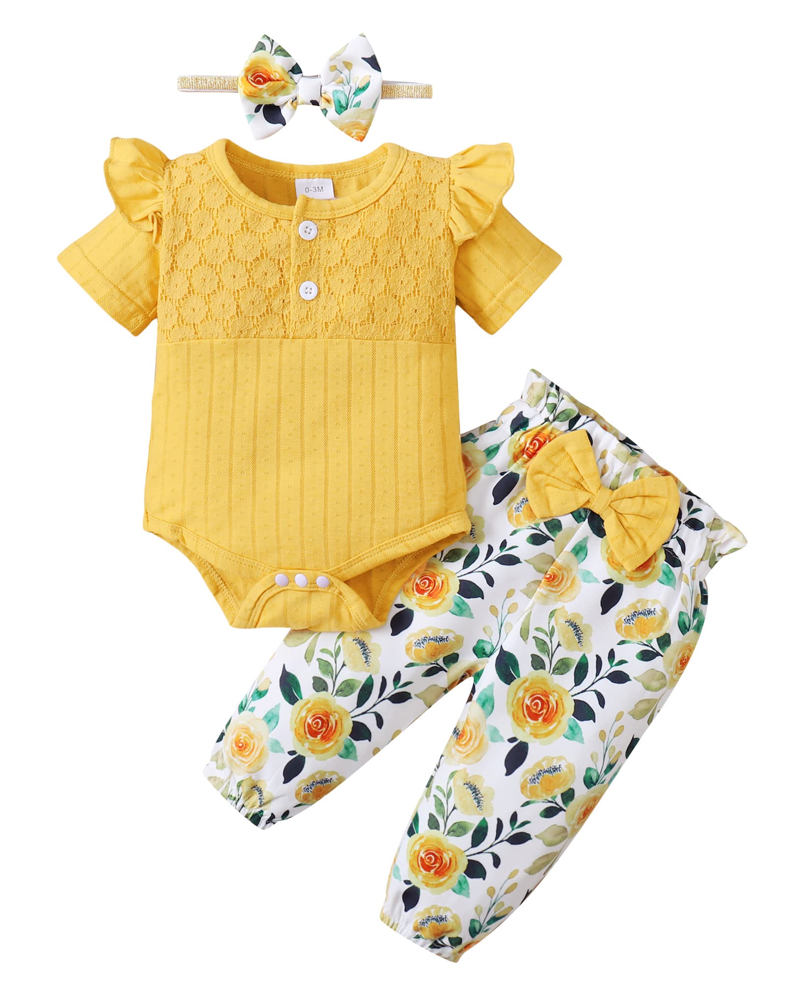 Kucnuzki Newborn Baby Girl Clothes - Floral Ruffle Romper & Shorts Set | Cute Summer Outfit for Infant Girls | Perfect Baby Shower Gift & Photo Shoot Outfit