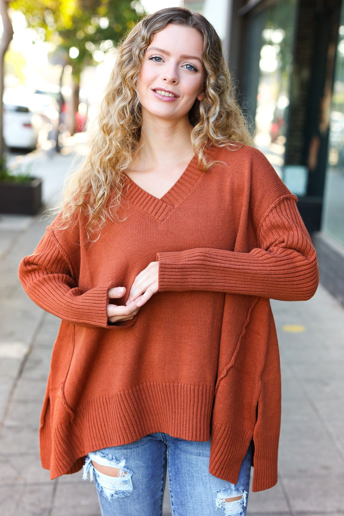 Stylish Rust Oversized V-Neck Rib Knit Sweater for Women | Cozy Fall & Winter Pullover | Perfect for Casual Outings, Date Nights & Office Wear