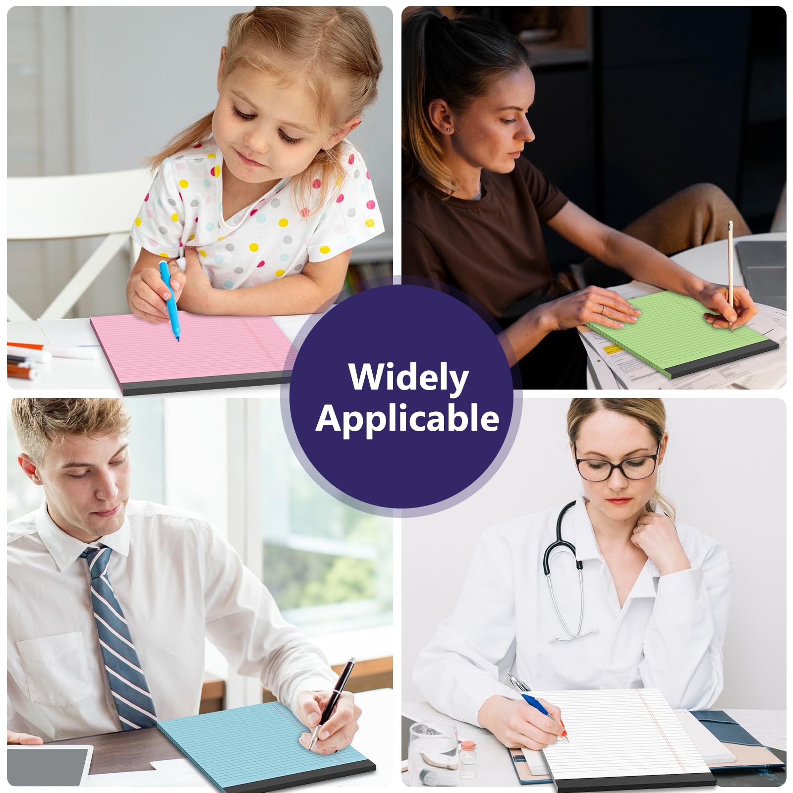 4-Pack Colored Legal Pads 8.5 x 11 Inches - Wide Ruled Perforated Notepads, 30 Sheets 80GSM Paper for School, College & Office Use - Perfect for Note Taking, Meeting Minutes & Daily Planning