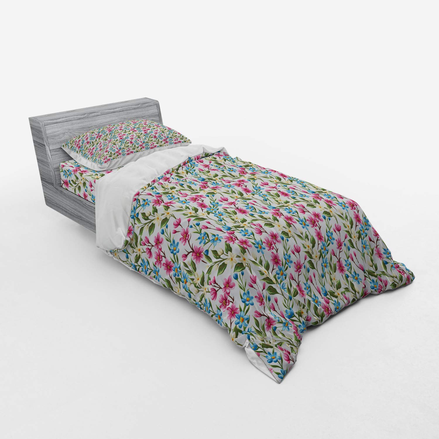 Ambesonne Floral Duvet Cover Set - Pink & Blue Shabby Chic Garden Theme 3-Piece Bedding with Sham & Fitted Sheet, Twin XL - Perfect for Spring Bedroom Decor & Boho Home Styling