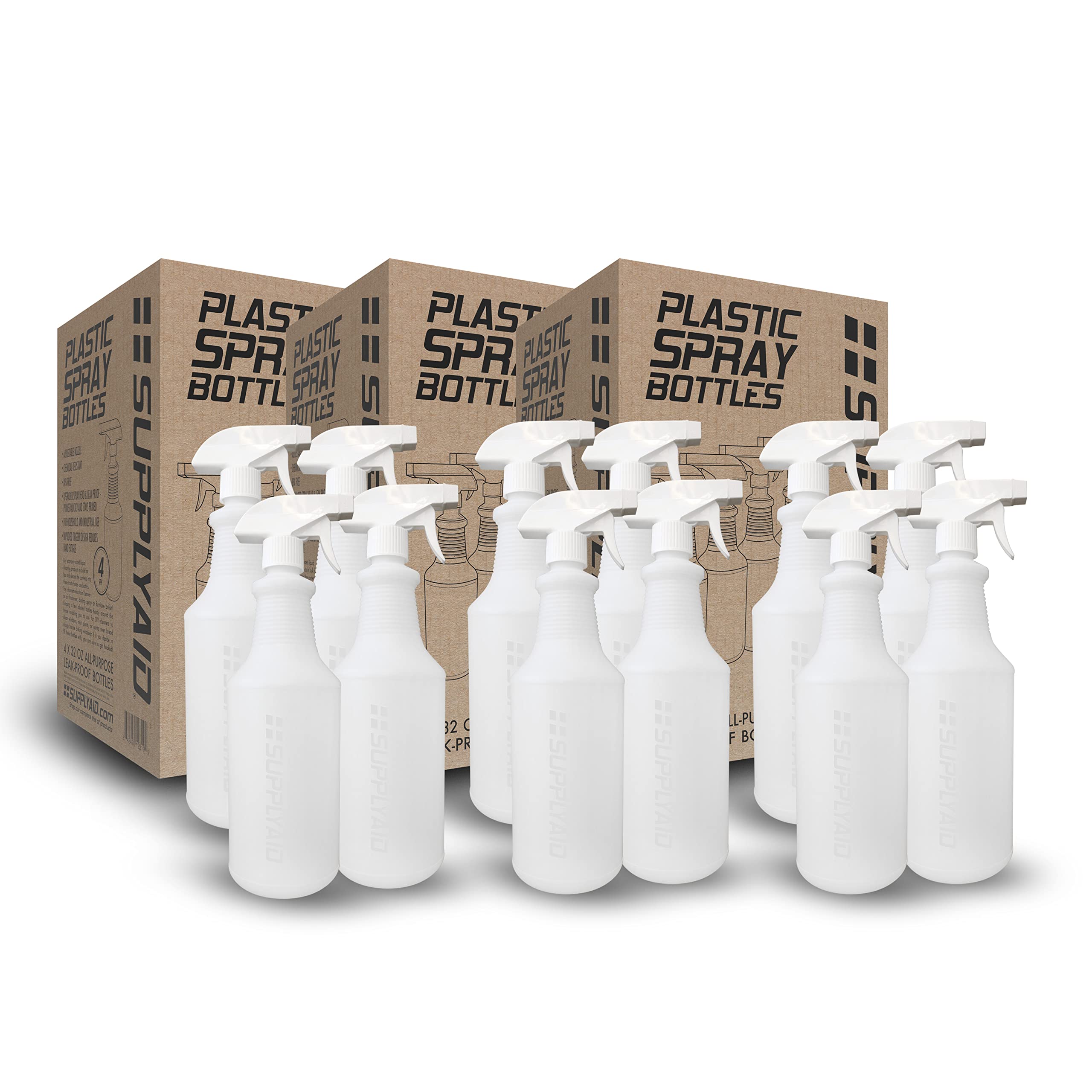 SupplyAid Heavy Duty Leak Proof Professional Spray Bottle 12-Pack – HDPE All-Purpose Cleaning & Plant Sprayer with Adjustable Non-Clog Nozzle, Pressurized Design & Ounce Measurements – Perfect for Home Cleaning, Gardening, Car Detailing & DIY Projects