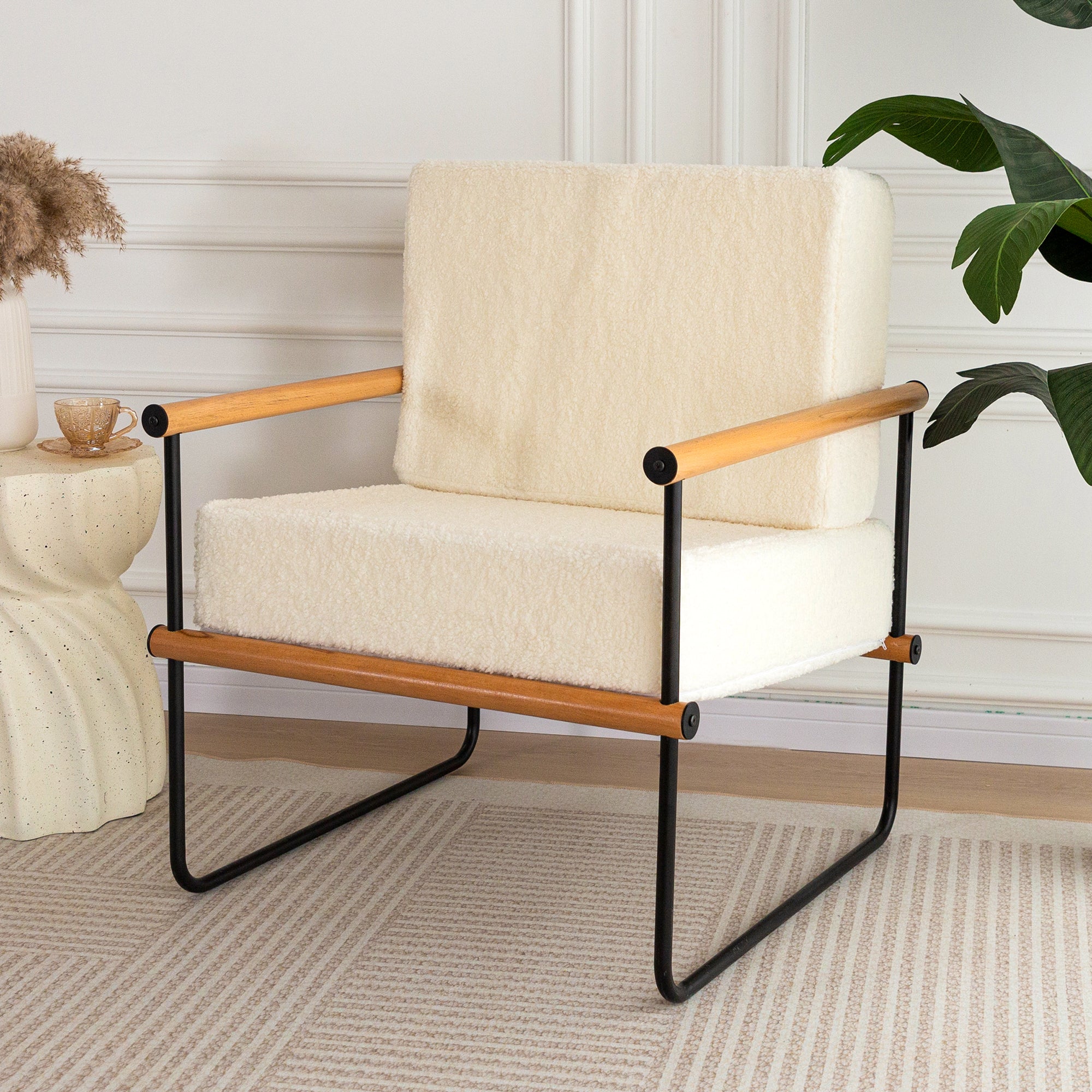 MAXYOYO White Framed Upholstered Armchair - Modern Metal & Wood Accent Chair with Thick Cushioning | Perfect for Living Room, Bedroom, or Office Decor