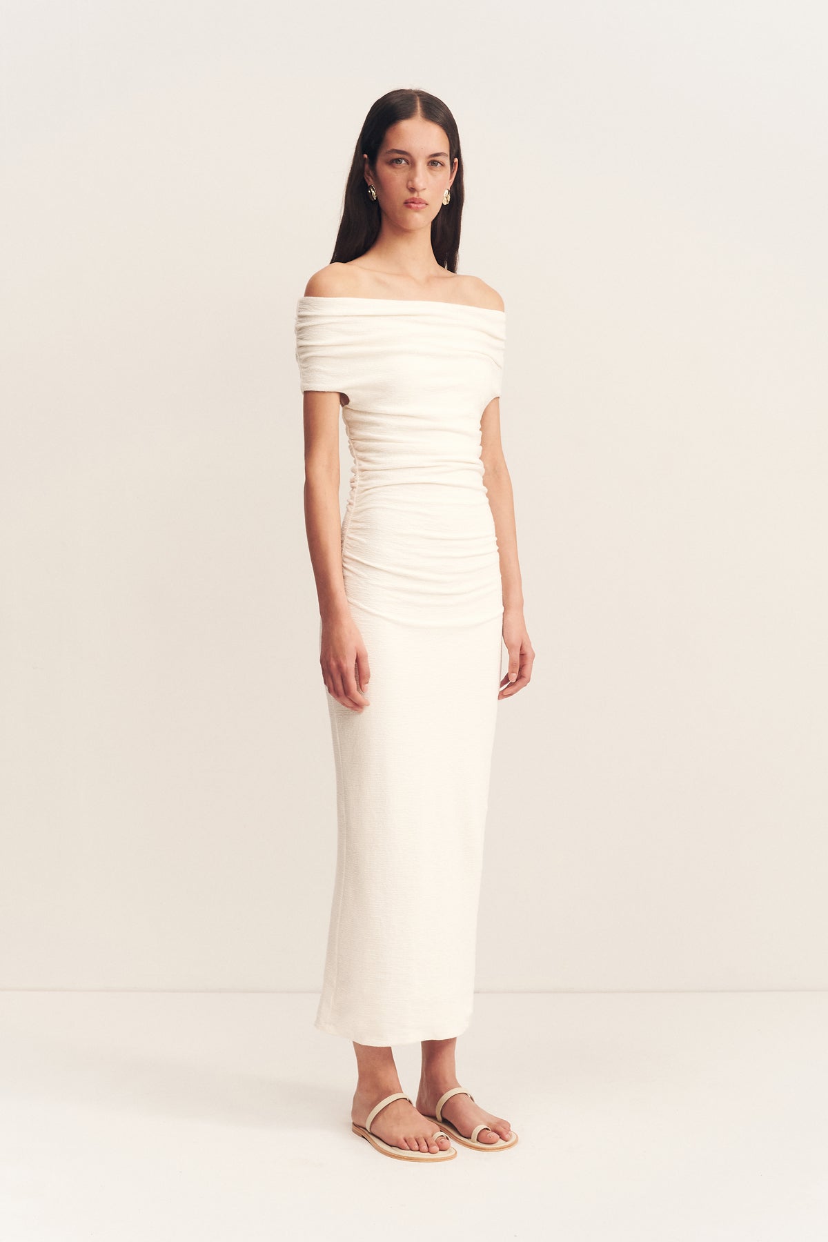 BEAU Off Shoulder Midi Dress Ivory - Elegant Summer Wedding Guest Dress for Women, Perfect for Beach Parties & Date Nights