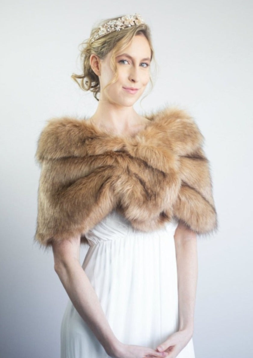 Light Brown Fur Wrap Shawl - Blair LBrw03 | Cozy Winter Fashion Accessory for Women | Perfect for Parties, Weddings & Evening Events
