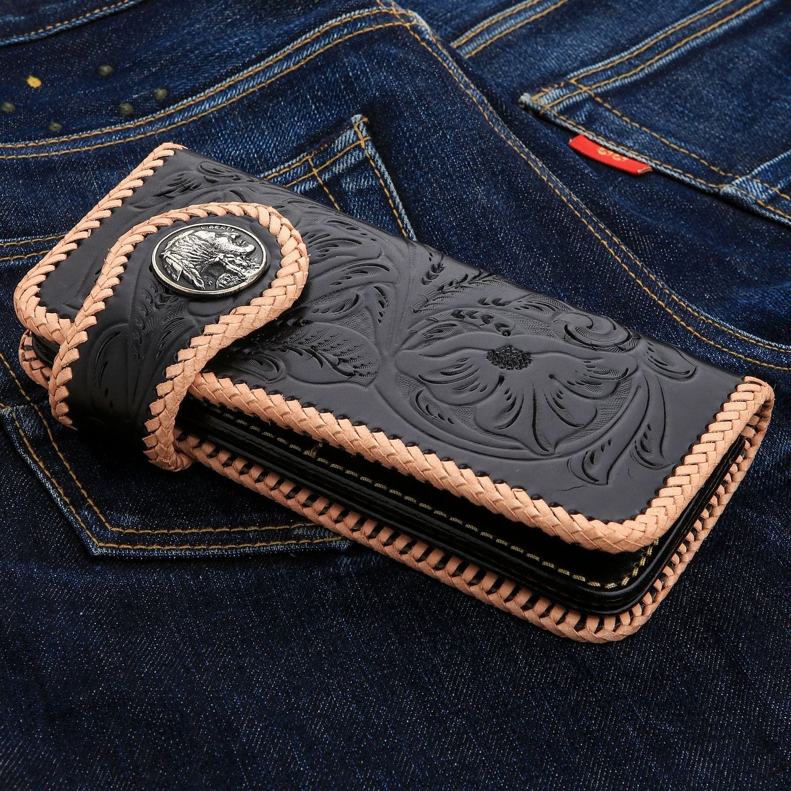 Genuine Leather White & Black Indian Snap Biker Wallet for Men - Stylish & Durable Biker Accessory for Motorcycle Riders & Travel Enthusiasts