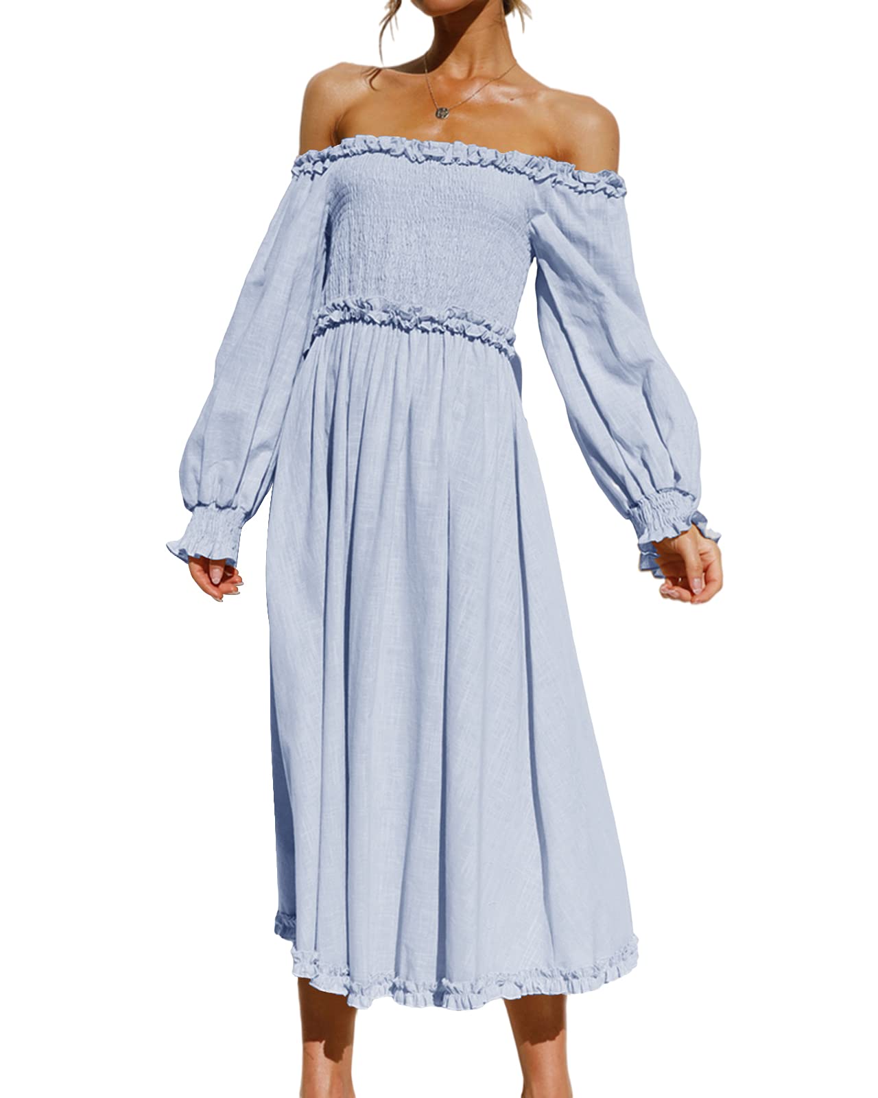 Women's Summer & Spring Off Shoulder Maxi Dress - Long Sleeve Boho Ruffle Smocked Flowy Dress for Casual Wear | Perfect for Beach Vacations, Date Nights & Outdoor Parties