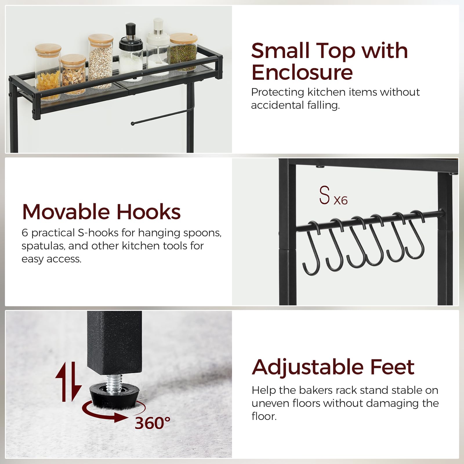Rustic Brown Bakers Rack with Power Outlet - Kitchen Storage Shelf with Paper Holder & 6 Hooks | Microwave Stand & Coffee Bar Station with Switch-Controlled Socket | Perfect for Kitchen, Dining Room & Small Space Organization (BRHR36E01)