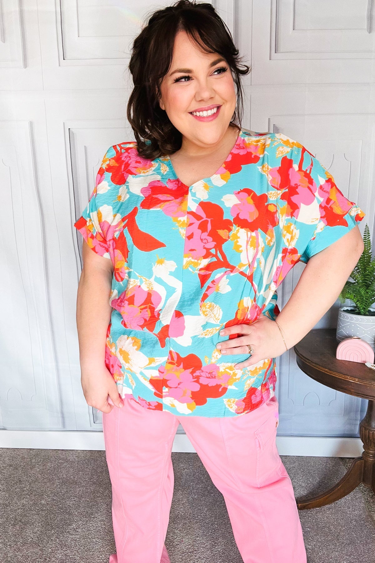 Stylish Aqua & Coral Floral Print V-Neck Woven Blouse for Women | Summer Casual & Beach Outfit | Perfect for Vacations, Dates, and Outdoor Events