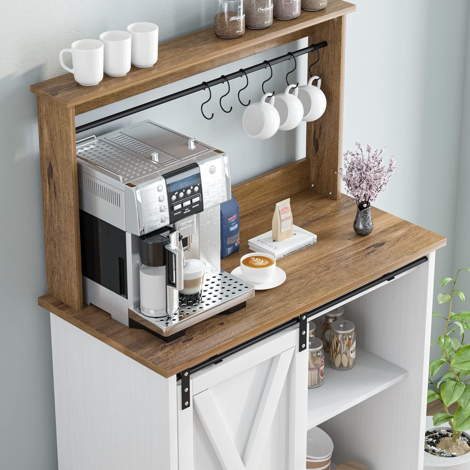 Farmhouse Coffee Bar Cabinet with 6 Hooks - 32