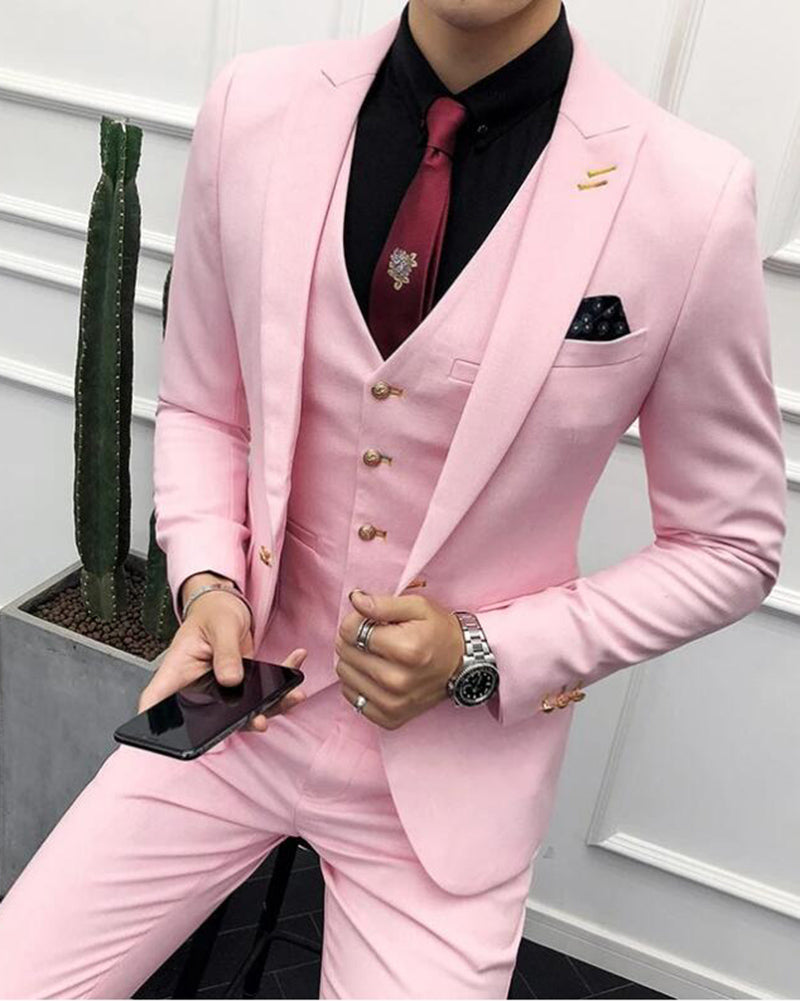 Slim Fit One Button Peak Lapel Blazer Wedding Pink Prom Suit 3-Piece Set CB0806 | Formal Business Attire & Special Occasion Outfit for Men