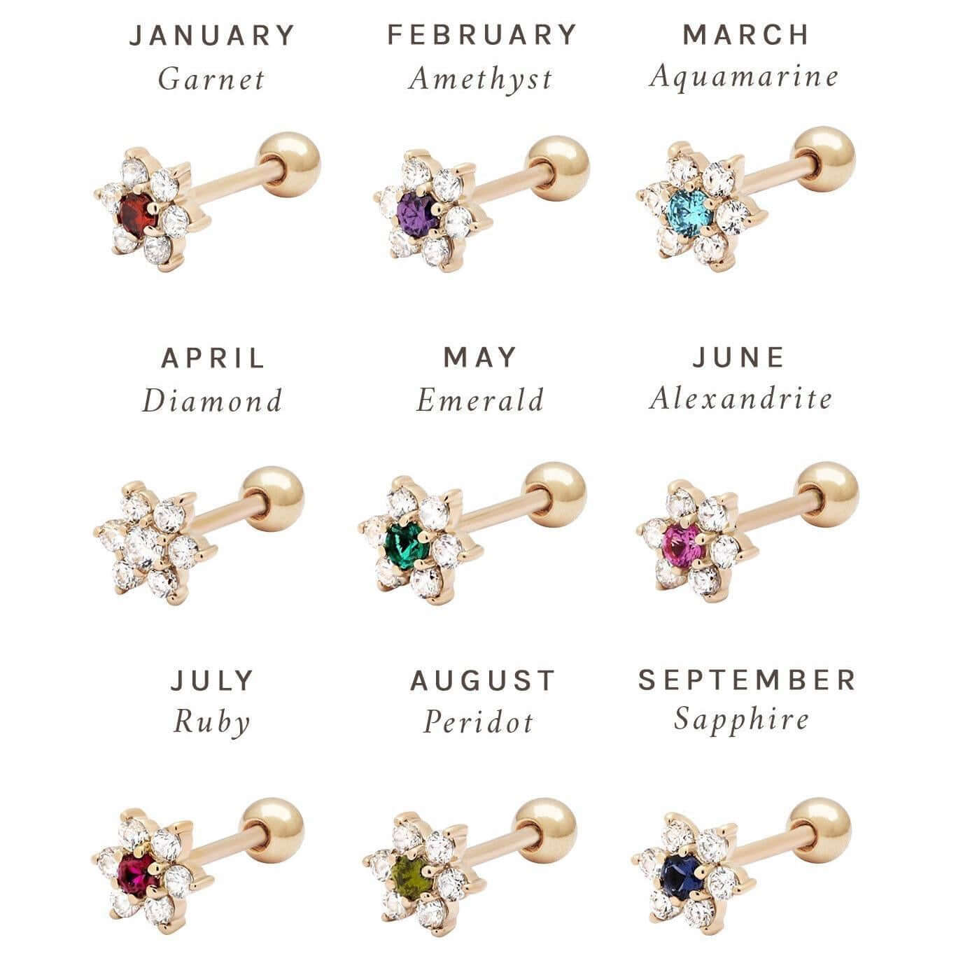 Zodiac Flower Birthstone Cartilage Piercings Stud Earrings | HSEK2311 | Perfect for Daily Wear, Gift Giving & Zodiac-Themed Jewelry Collections