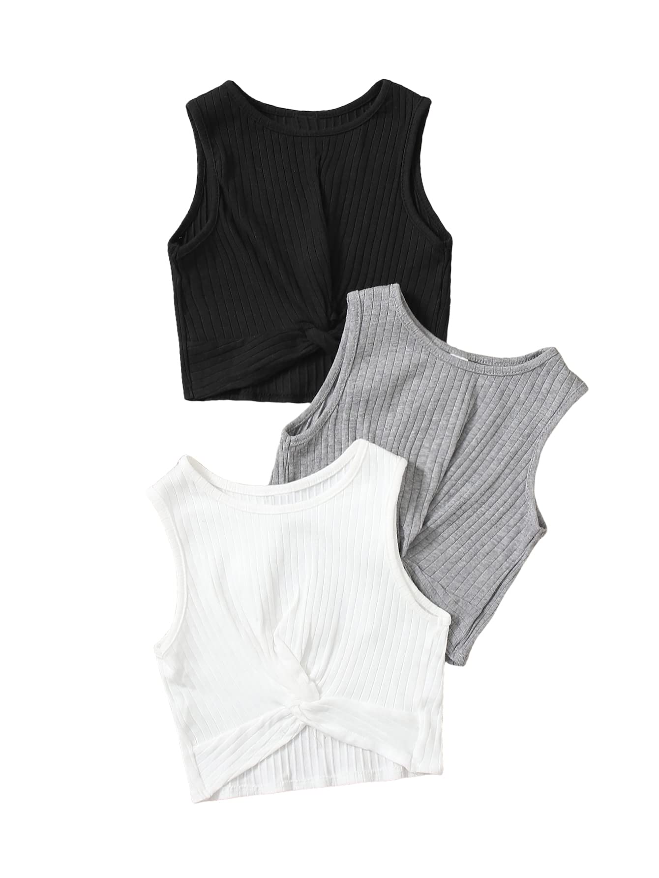 SHENHE Girls 3-Piece Sleeveless Ribbed Crop Top Set - Twist Front Tank Tops for Summer, Casual Wear, Beach Outfits & Teen Fashion