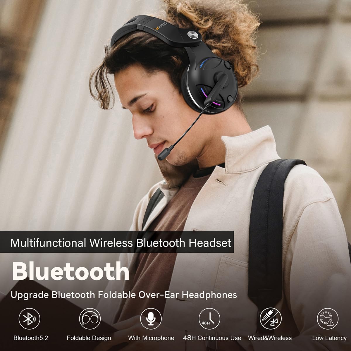 Wantek Bluetooth Headphones with Hybrid Active Noise Cancellation, 3D Audio & 48H Battery - Wireless Over-Ear Headphones for Work, Travel & Gaming (Dual Device Connection)
