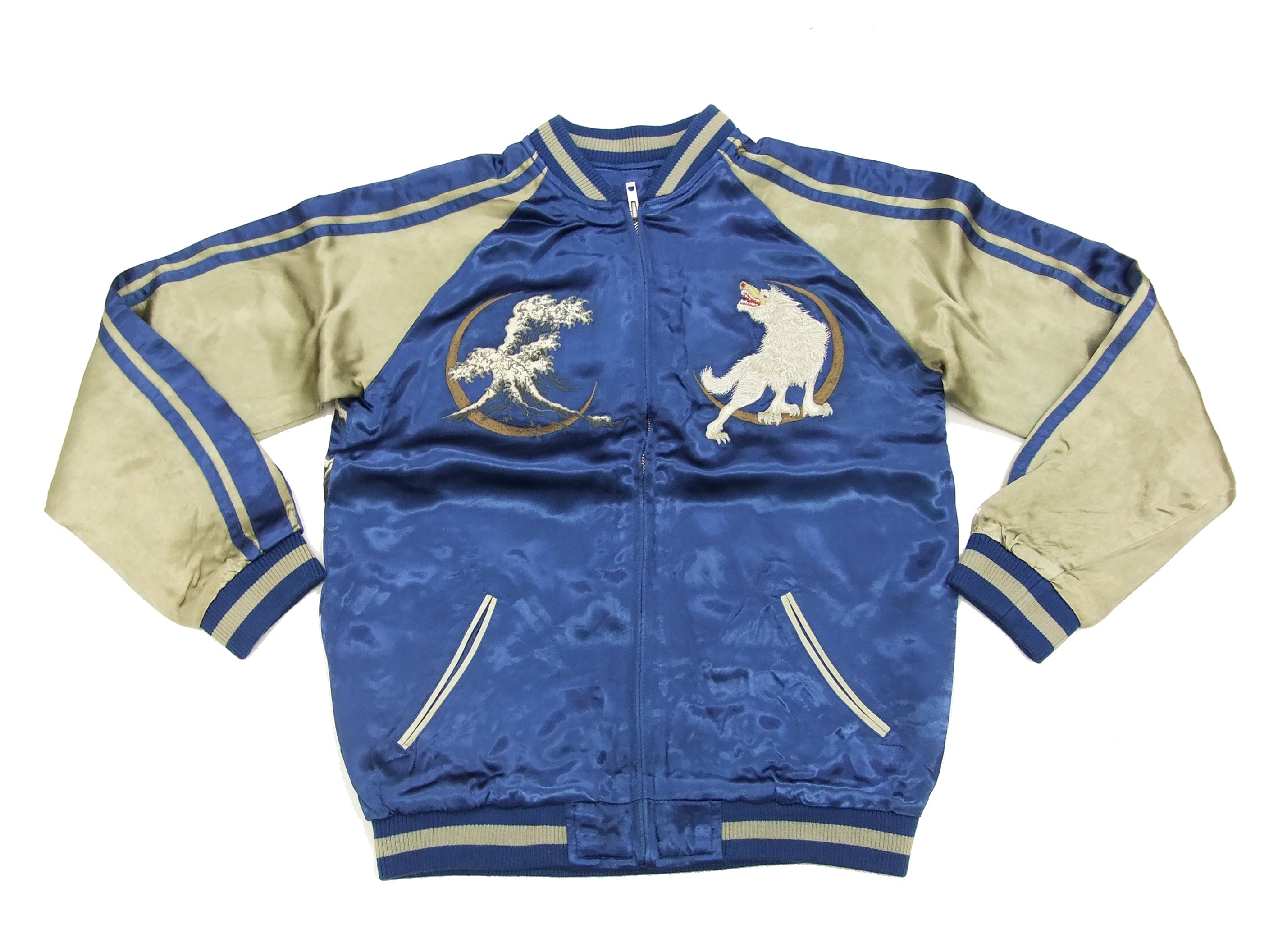 Authentic Japanese Souvenir Jacket - White Wolf Men's Sukajan GSJR 012 in Navy Blue/Beige | Vintage Bomber Style for Streetwear & Casual Outfits