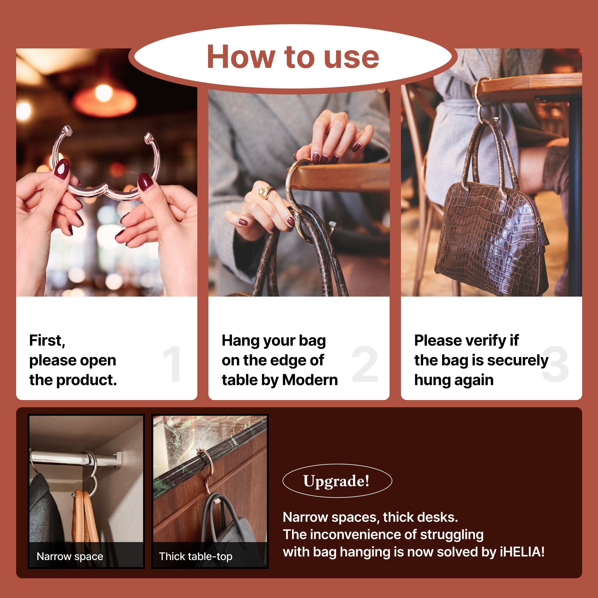 Premium Rotatable Purse Hook Hanger for Table - 90° & 180° Adjustable Bag Holder (Rose Gold) - Perfect for Restaurants, Bars, and Home Use