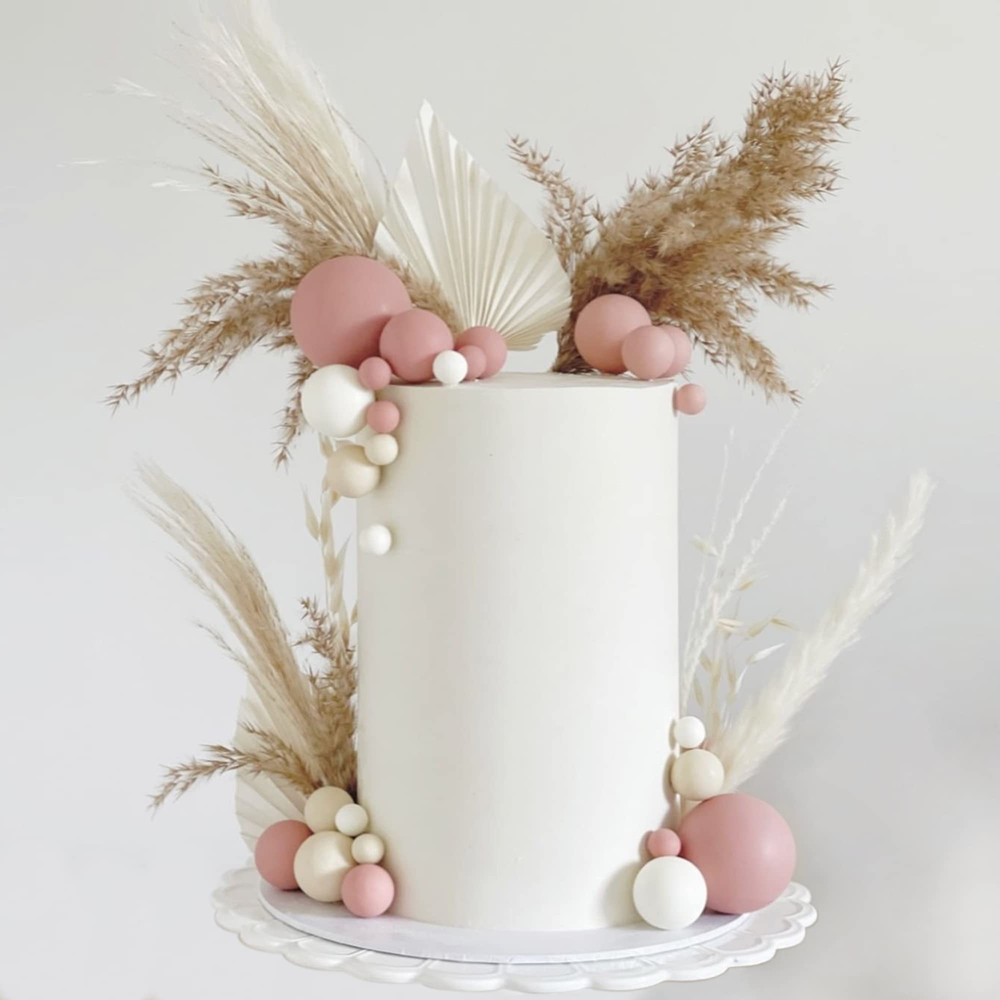 50 PCS Boho Cake Toppers - Mini Balls & Dried Pampas Grass Decor for Wedding, Birthday, Baby Shower Cakes - White, Apricot & Dark Pink - Perfect for Boho, Rustic & Vintage Theme Celebrations