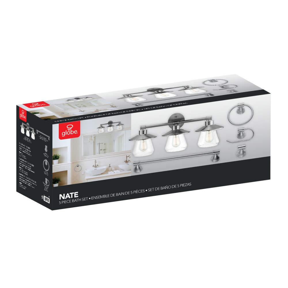 Globe Electric 51495 Nate 5-Piece Modern Bathroom Set in Brushed Steel - Vanity Lights, Towel Ring, Robe Hook & Toilet Paper Holder (Bulbs Not Included) - Perfect for Bathroom Renovation & Home Decor