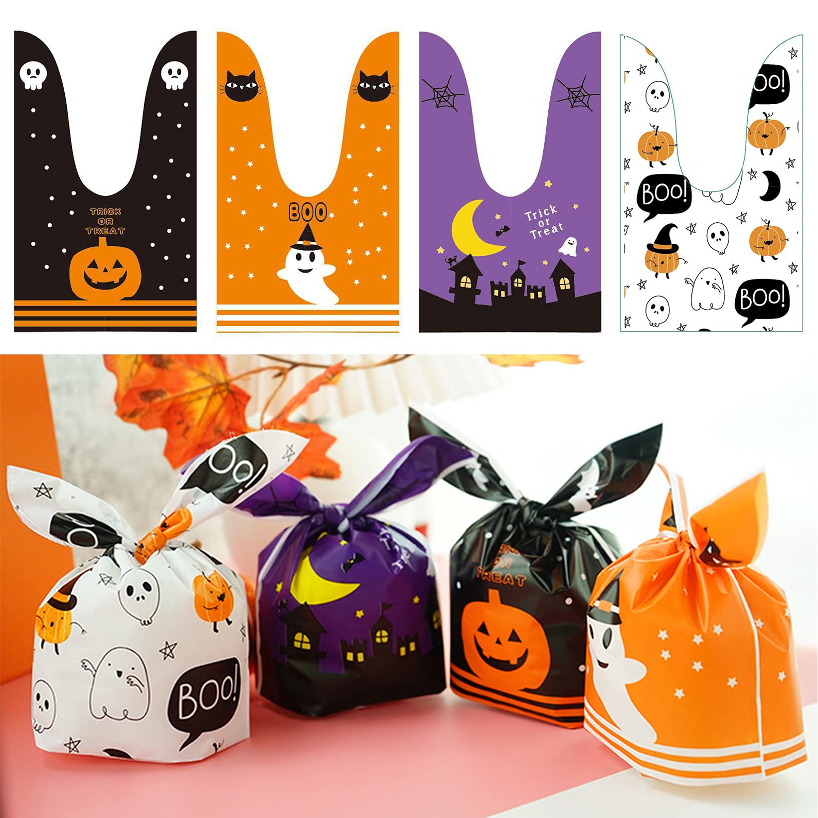 50Pcs Halloween Goodie Bags - Pumpkin & Ghost Treat Bags with Ear Ties for Candy, Cookies, Party Favors | Orange Halloween Party Supplies for Trick or Treat, Classroom Treats & Halloween Gift Giving
