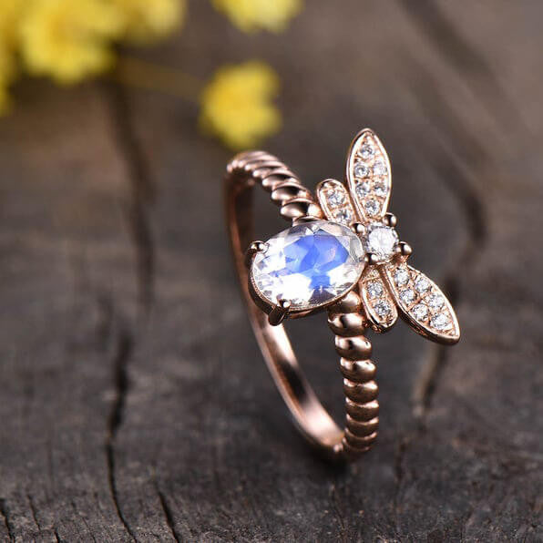 14K/18K Rose Gold Rainbow Moonstone Butterfly Engagement Ring for Women - Unique Handmade Vintage Wedding Band, Perfect for Proposal, Anniversary & Special Occasions