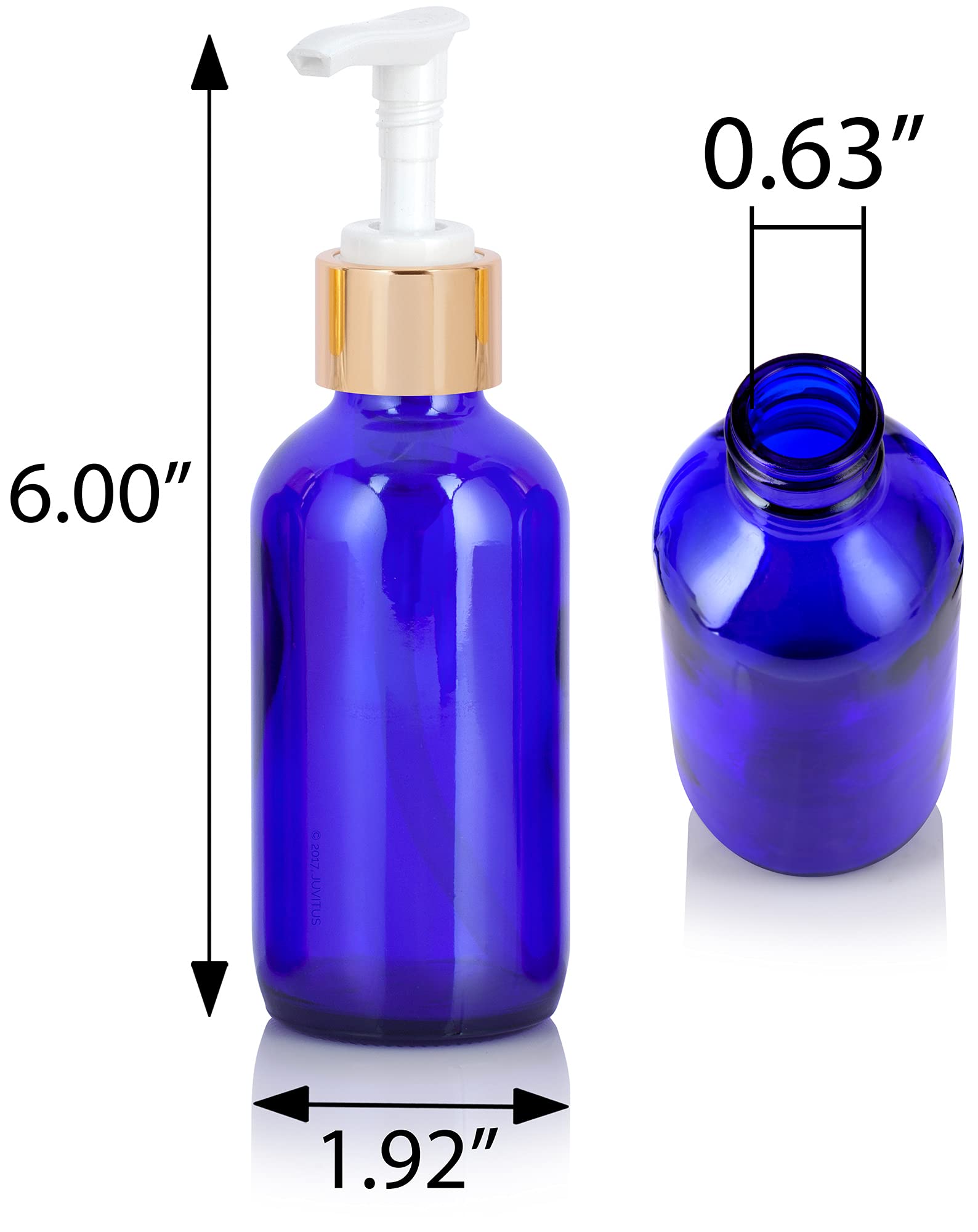 (12 Pack) 4 oz Cobalt Blue Glass Boston Round Bottle with Gold Lotion Pump & Funnel - Perfect for Essential Oils, DIY Skincare, and Hand Sanitizer Dispensers