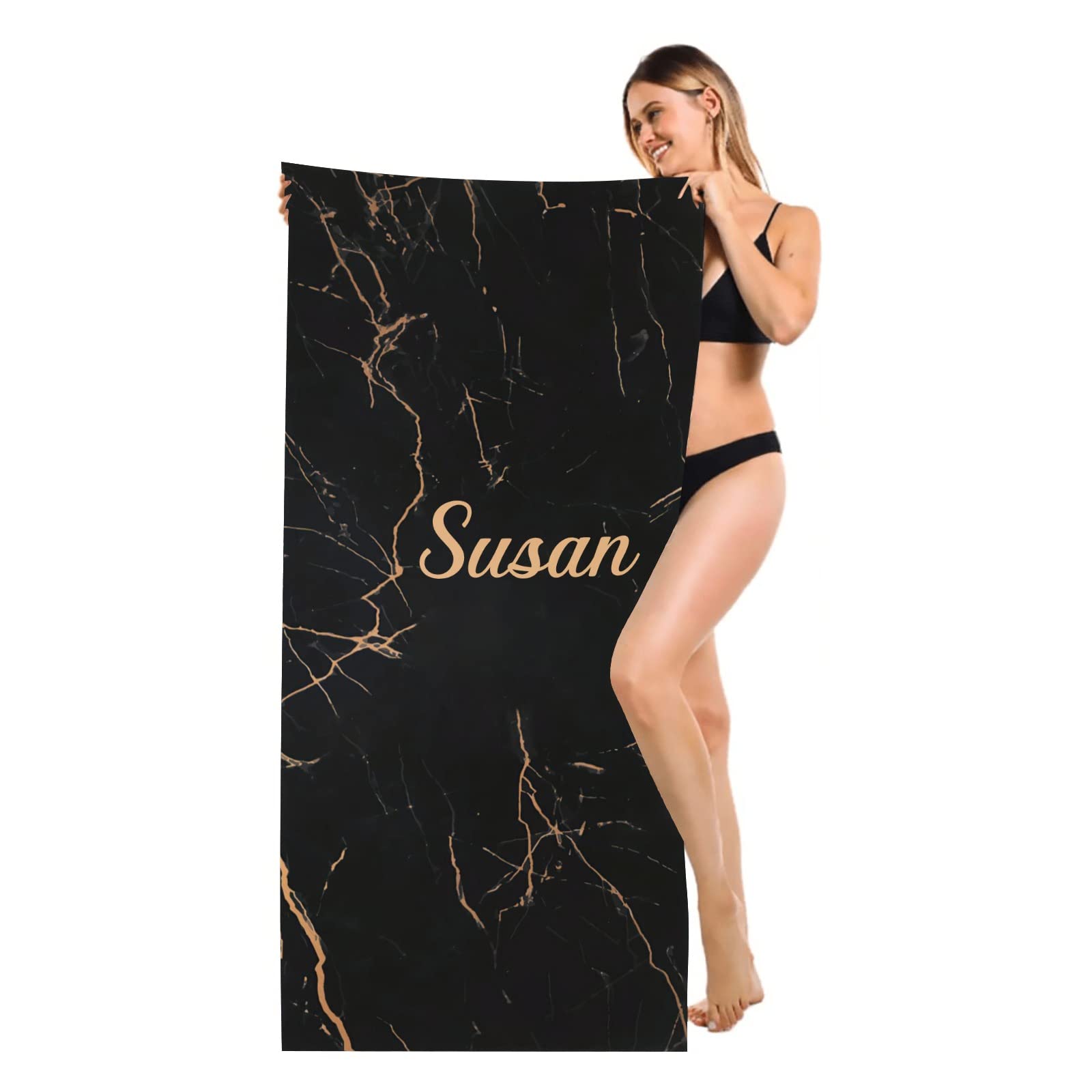 Custom Name Black & Orange Textured Beach Towel - 30x60 Inch Microfiber Pool Towel, Yoga Mat & Picnic Blanket - Personalized Gift for Summer, Swimming & Outdoor Activities