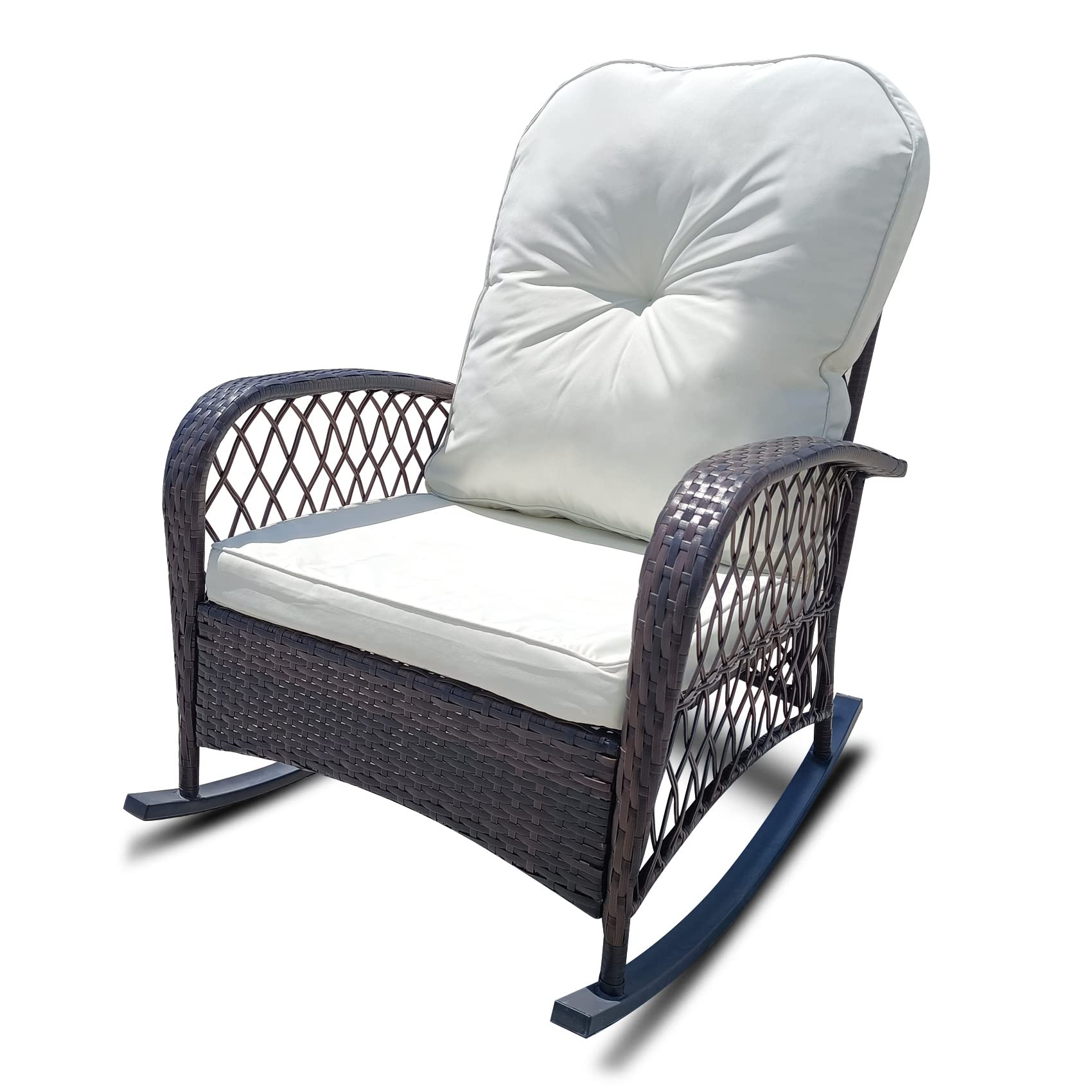 PE Rattan Rocking Chair with White Cushion - Modern Wicker Patio Furniture for Garden, Porch, Balcony & Indoor Use - Comfortable Rocking Motion - Perfect for Relaxing, Reading & Outdoor Lounging (1-Piece Set)